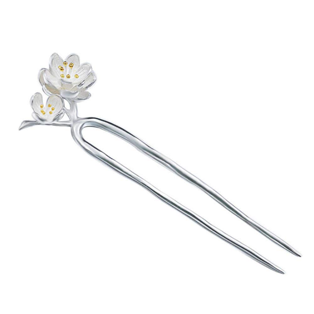 Vintage U-Shaped 925 Sterling Silver Hair Stick for Women - Handmade Peach Flower Hair Pin, 2-Prong Hair Fork for Buns, Updos & Chignons | Perfect for Weddings, Parties & Everyday Elegant Hairstyles