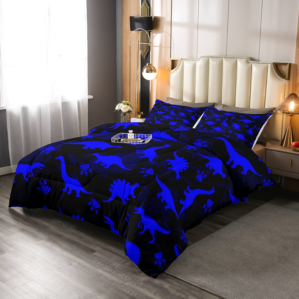 **Dinosaur Comforter Set for Kids - Twin Size Blue Cartoon Dino Silhouette Bedding with Paw Print Design, All-Season Down Alternative Duvet & Pillowcase - Perfect for Boys' Bedroom, Nursery, or Dinosaur-Themed Decor**