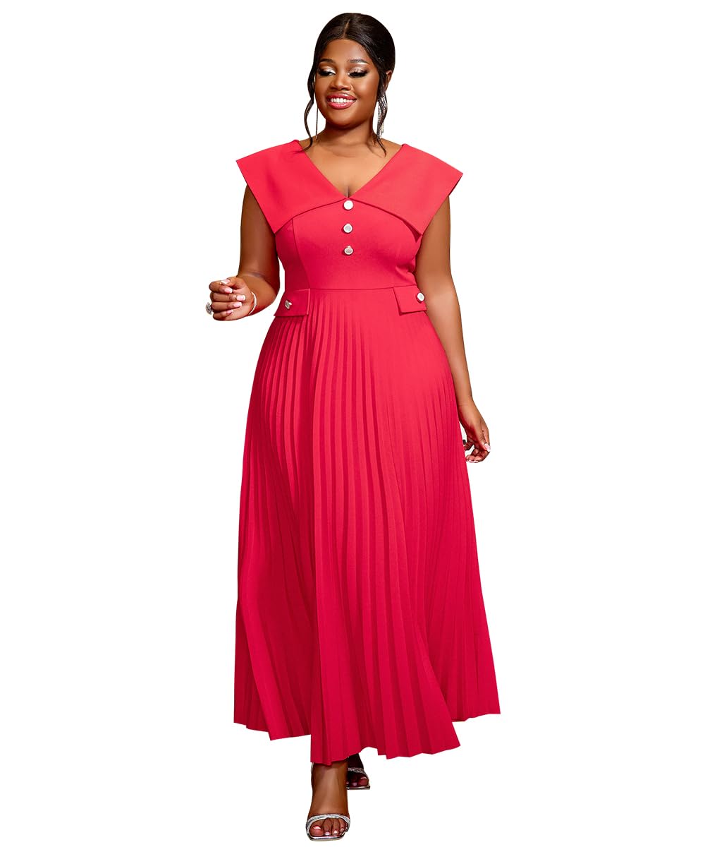Elegant Pleated Maxi Dress for Women - Summer Sleeveless Peter Pan Collar Button Down Office Dress Plus Size Work Attire | Perfect for Business Casual, Office Wear & Special Occasions
