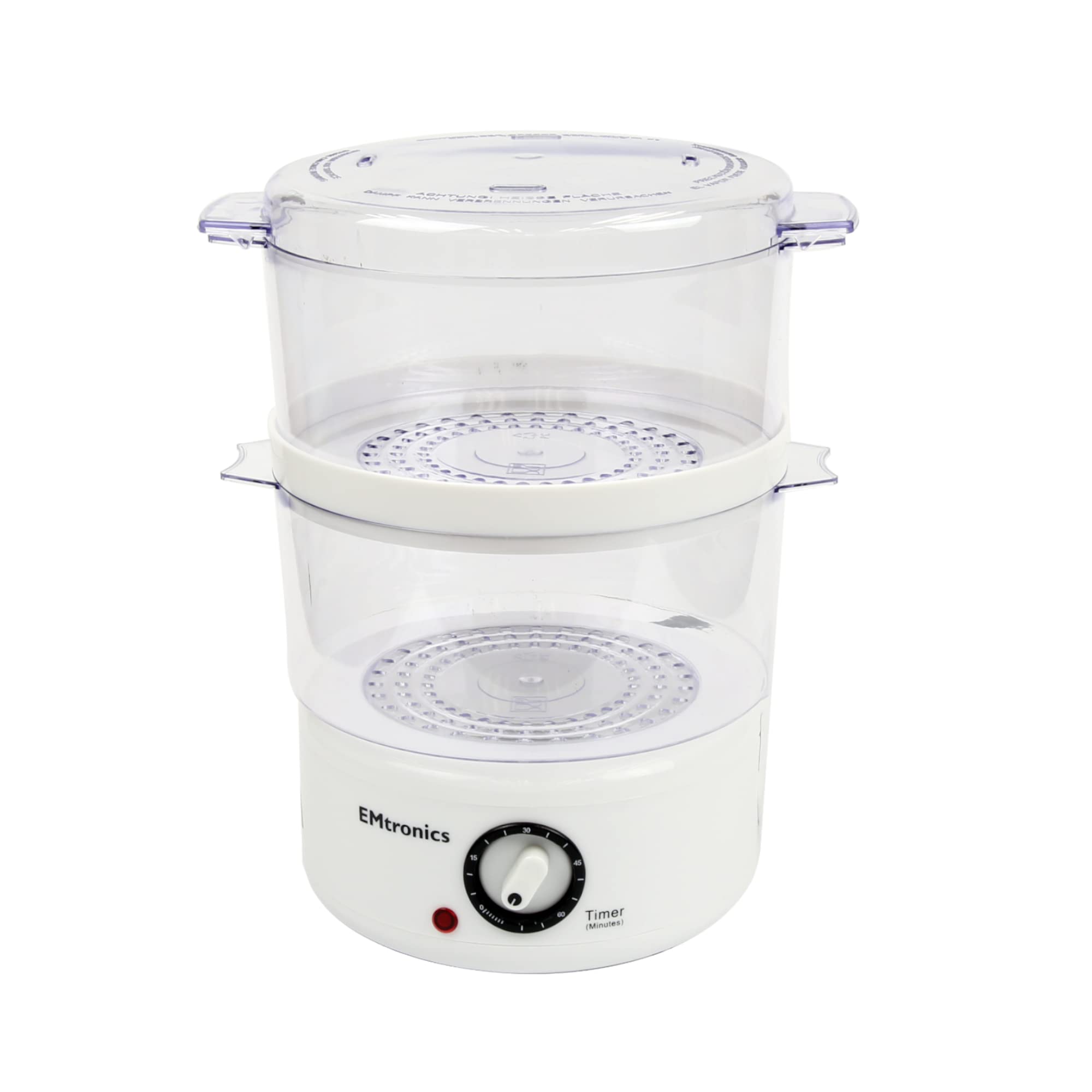 EMtronics 2-Tier Stainless Steel Food Steamer - 4L Capacity for Meat, Vegetables & Dumplings - 60 Minute Digital Timer - Perfect for Healthy Cooking & Meal Prep - White