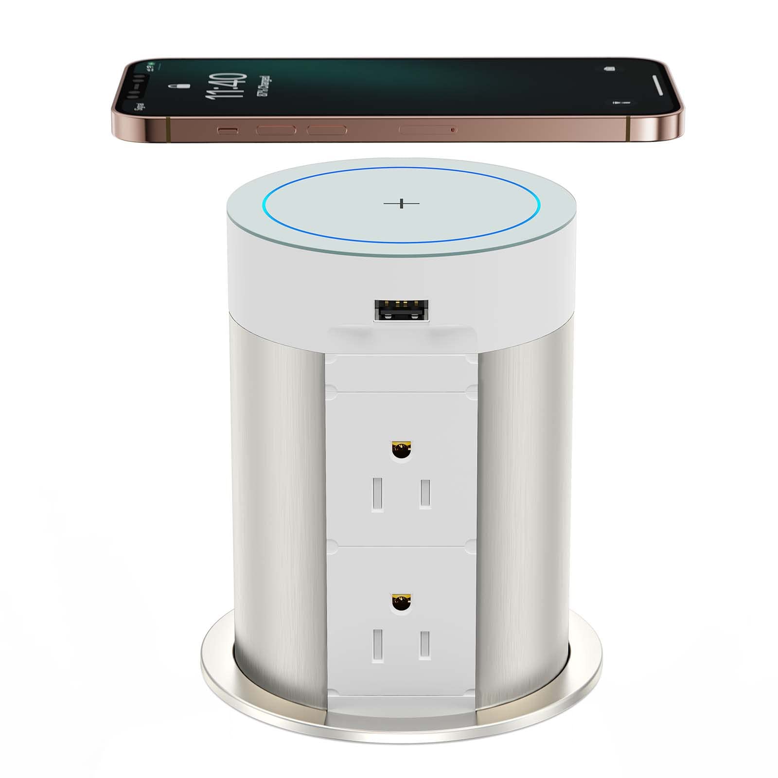 Pop Up Power Outlet with 5W Wireless Charger - 4 AC Outlets & 2 USB Ports - Hidden Countertop Charging Station for Kitchen, Office, Conference Room - ETL Certified - Perfect for Home, Workspace and Meeting Areas