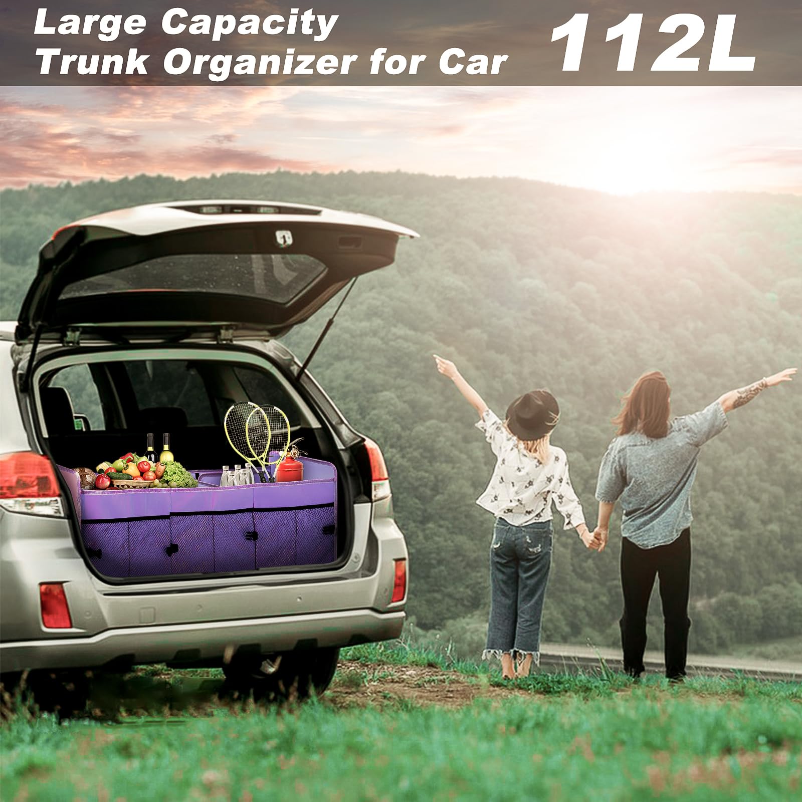 Collapsible 3-Compartment Car Trunk Organizer with Cooler Bag - Foldable SUV Storage Solution for Road Trips, Groceries & Sports Gear (Purple)