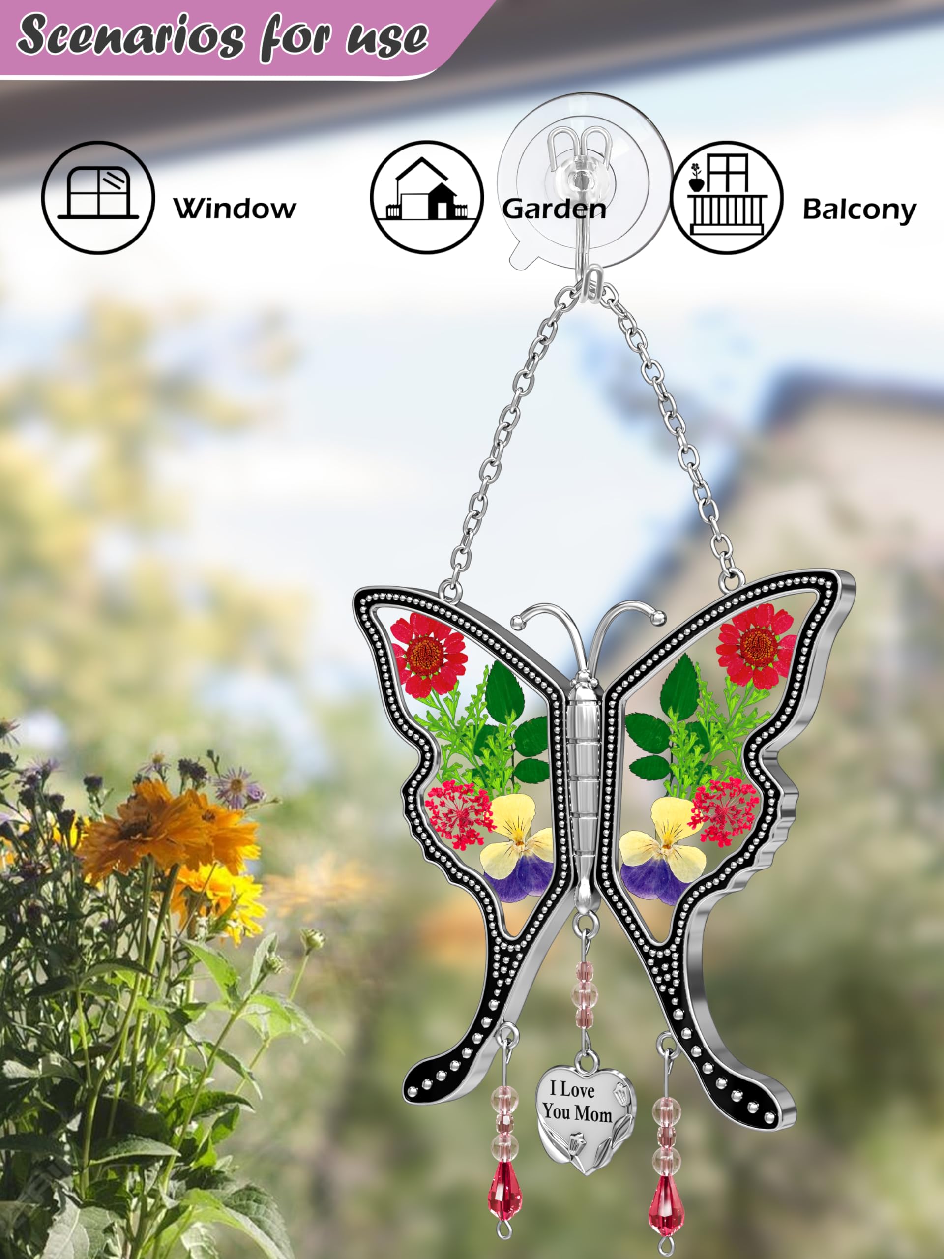 KY&BOSAM Real Flower Pressed Butterfly Suncatcher - Stained Glass with Silver Heart Charm, Unique Mother's Day Gift, Birthday Present for Mom, Valentine's Day Keepsake | Window Decor, Home Garden Ornament, Thoughtful Gift for Wife & Grandma