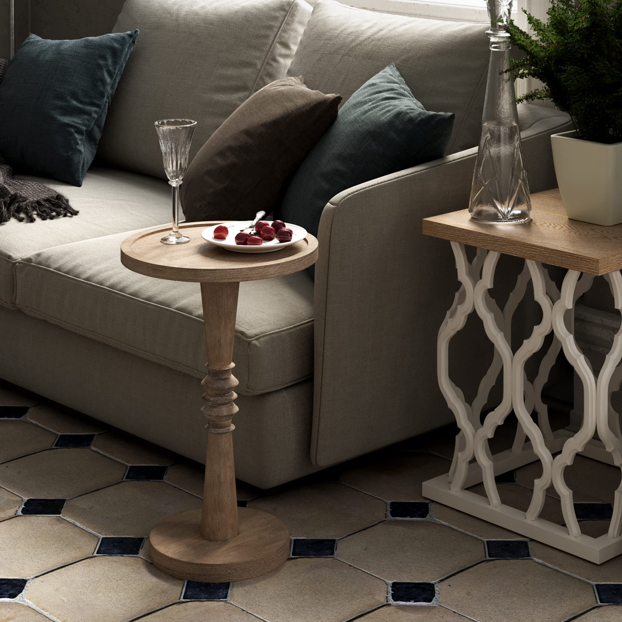 LONYKE Farmhouse Round End Table with Tray Top - Distressed Wood Side Table for Living Room, Bedroom, or Office - Perfect for Drinks, Books, and Decor