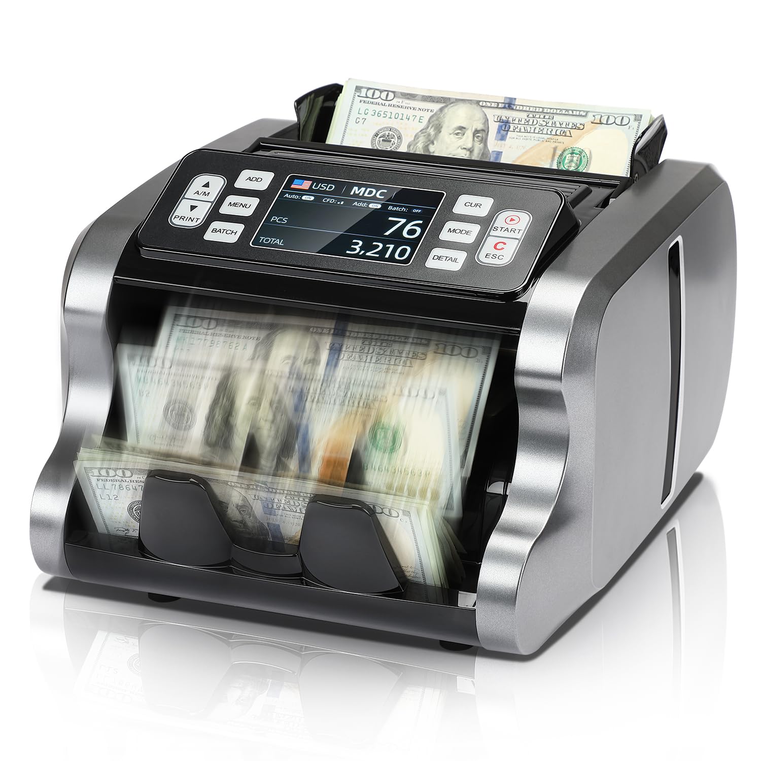MUNBYN IMC09 Mixed Denomination Money Counter Machine with UV/MG/IR/MT Detection - Value Counting & Printing for USD, EUR, MXN - 3.5