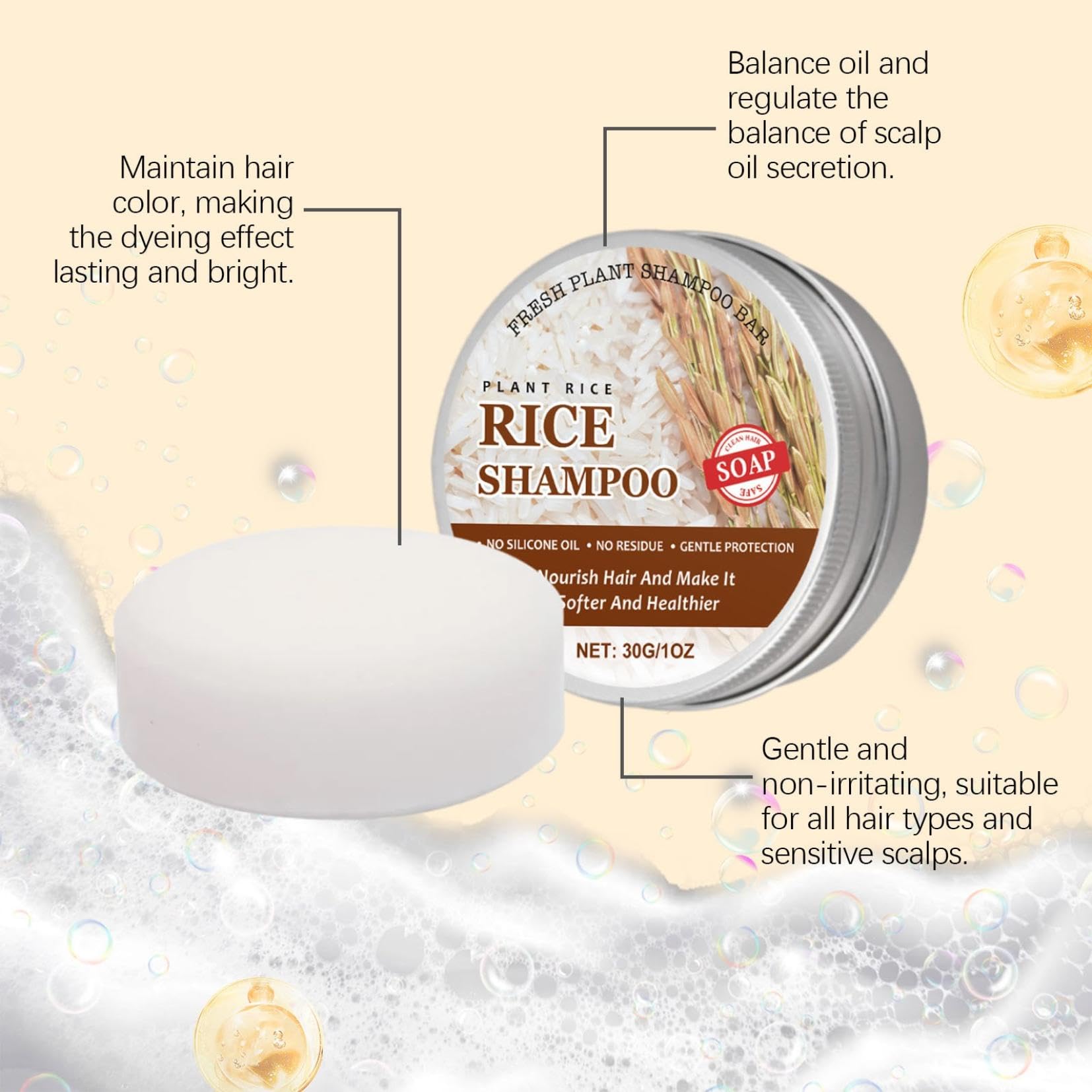 **Rice Water Shampoo Bar for Hair Growth & Repair - Vegan Solid Shampoo with Nourishing Oils for Strengthening, Thinning & Color-Treated Hair (1pc) - Perfect for Travel, Eco-Friendly Bath & Hair Care Routine**