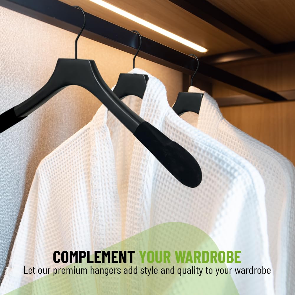 Premium Wooden Clothes Hangers - Heavy Duty Non-Slip Coat Hangers for Suits, Pants & Jackets - Wide Shoulder Design with Black Velvet Finish (12-Pack) - Perfect for Closet Organization & Luxury Wardrobe Storage