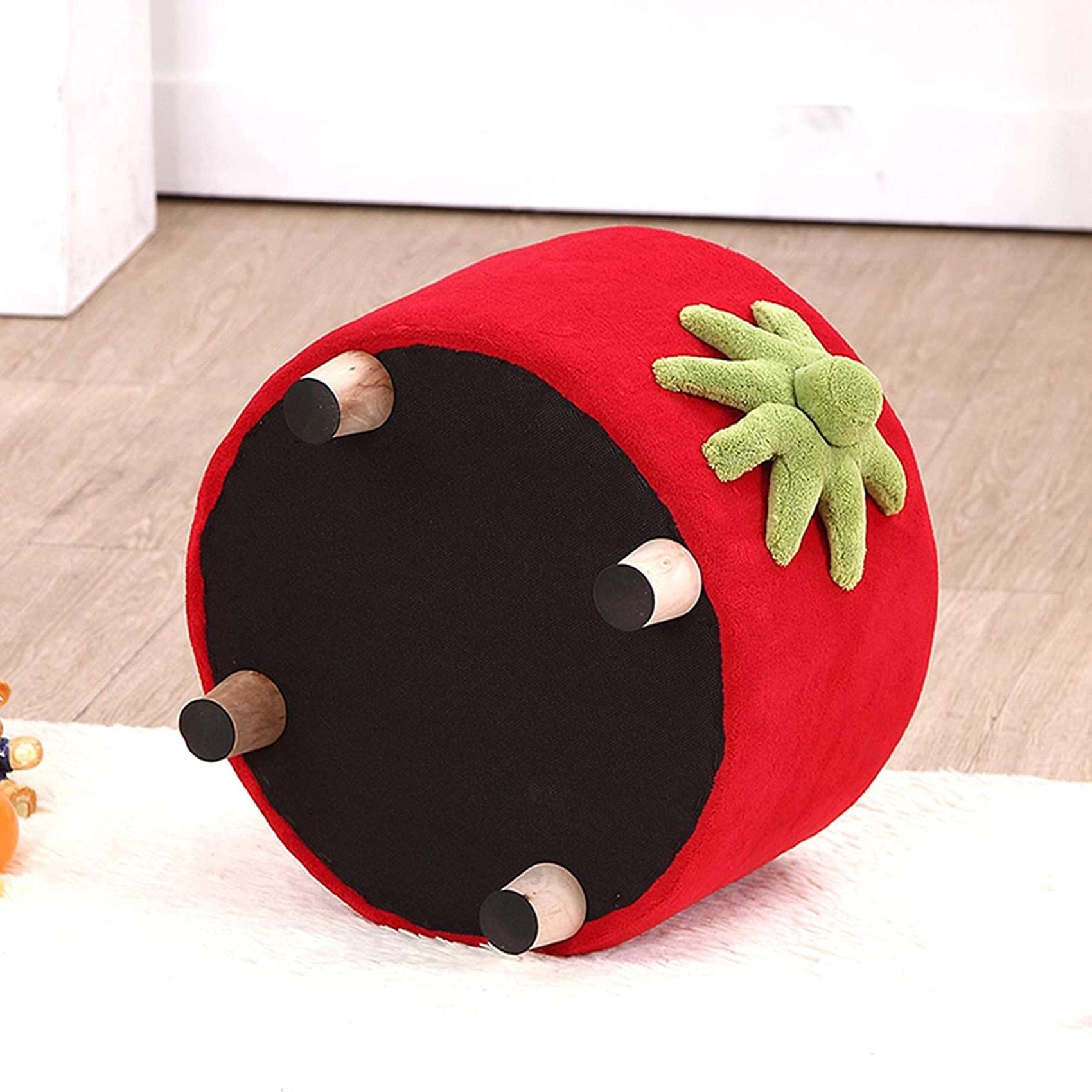 Round Child Footstool - Cartoon Strawberry Upholstered Pouffe Chair for Kids | Soft Changing Shoes Stool for Bedroom & Living Room | Durable & Comfortable Toddler Seat for Playroom, Nursery, or Reading Nook (Red)