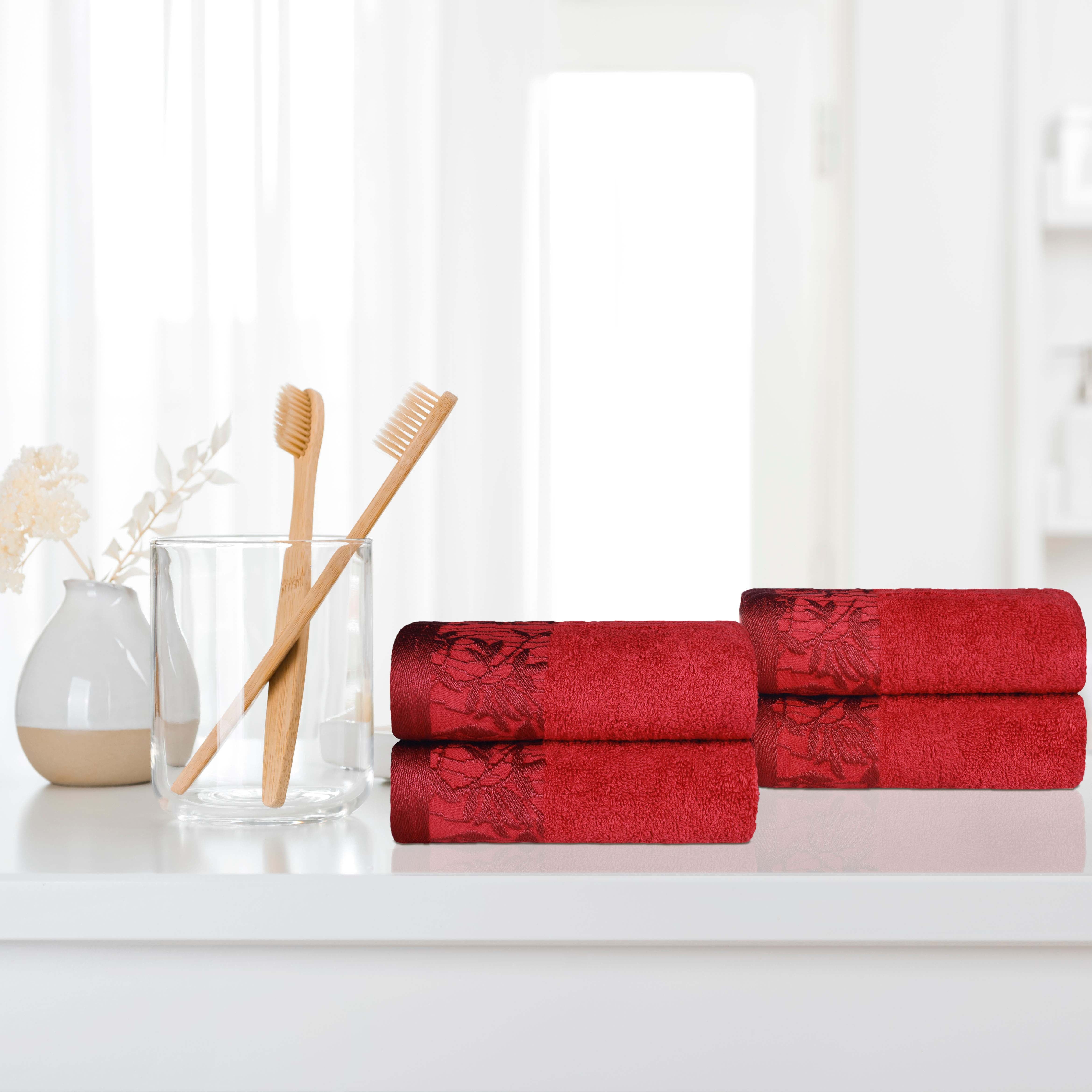 Premium Wisteria Cotton Floral Embroidered Jacquard Border Hand Towels - Set of 4 | Soft Absorbent Bathroom & Kitchen Towels for Guest Bath, Powder Room, and Luxury Home Decor
