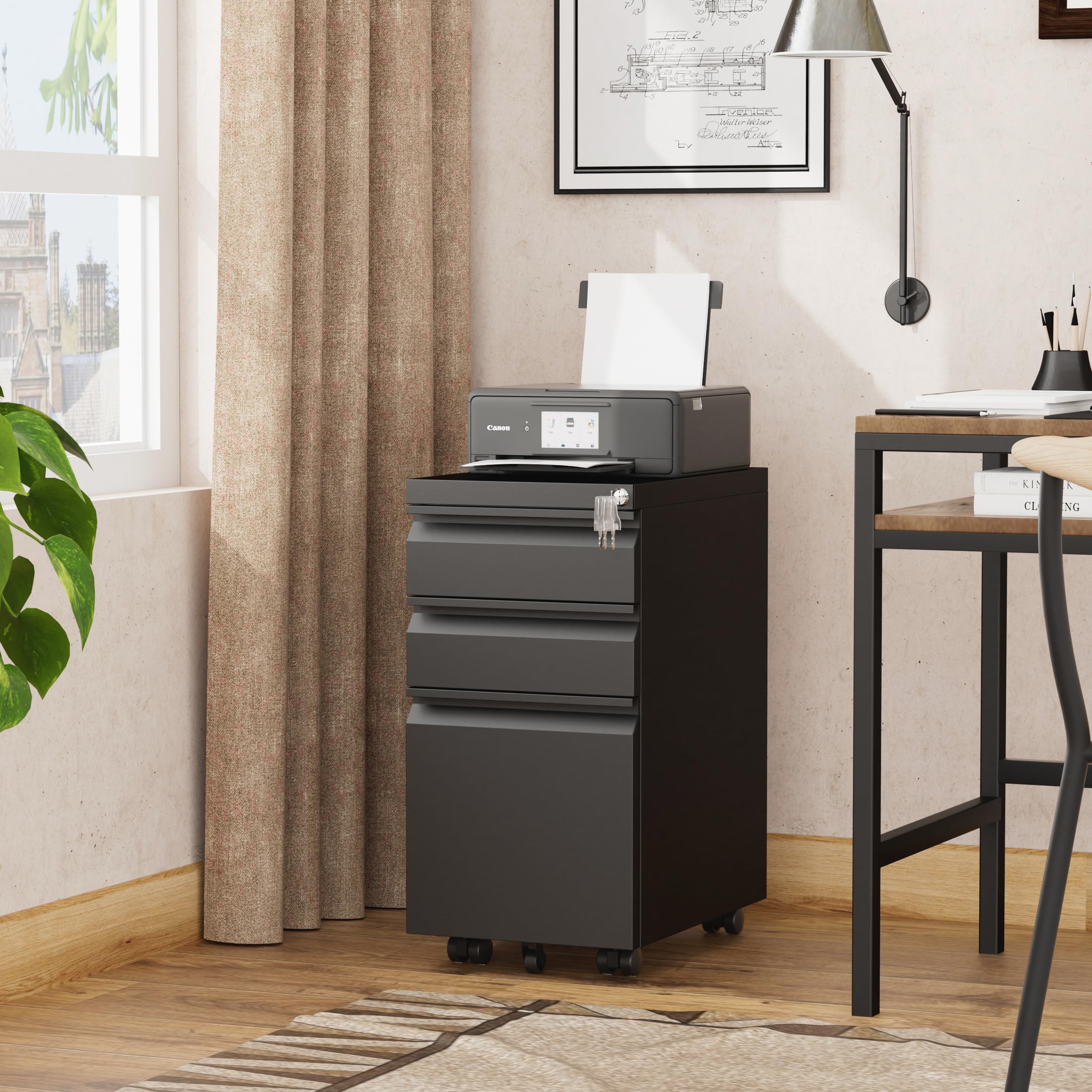 3-Drawer Slim Metal File Cabinet with Lock - Mobile Office Storage for A4, Letter & Legal Folders - Fully Assembled Black Filing Cabinet for Home & Office Organization