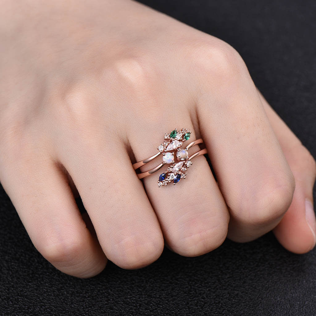 Exquisite Curved Opal Sapphire Moissanite Emerald Diamond Engagement Ring Set in Rose Gold - 2 Piece Bridal Jewelry for Weddings, Anniversaries & Special Occasions