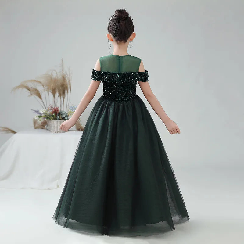 Elegant Girls Formal Party Gown - Long Tulle Flower Girl Dress with Sparkling Sequins | Perfect for Weddings, Pageants & Special Occasions