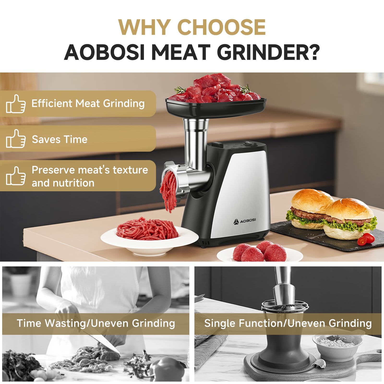 AAOBOSI 2800W Electric Meat Grinder - 4-in-1 Kitchen Appliance with 3 Slicing Blades, 2 Grinding Blades, 3 Plates, Sausage Stuffer & Kubbe Kit - Stainless Steel Meat Mincer for Home Kitchen, BBQ, Sausage Making & Food Prep