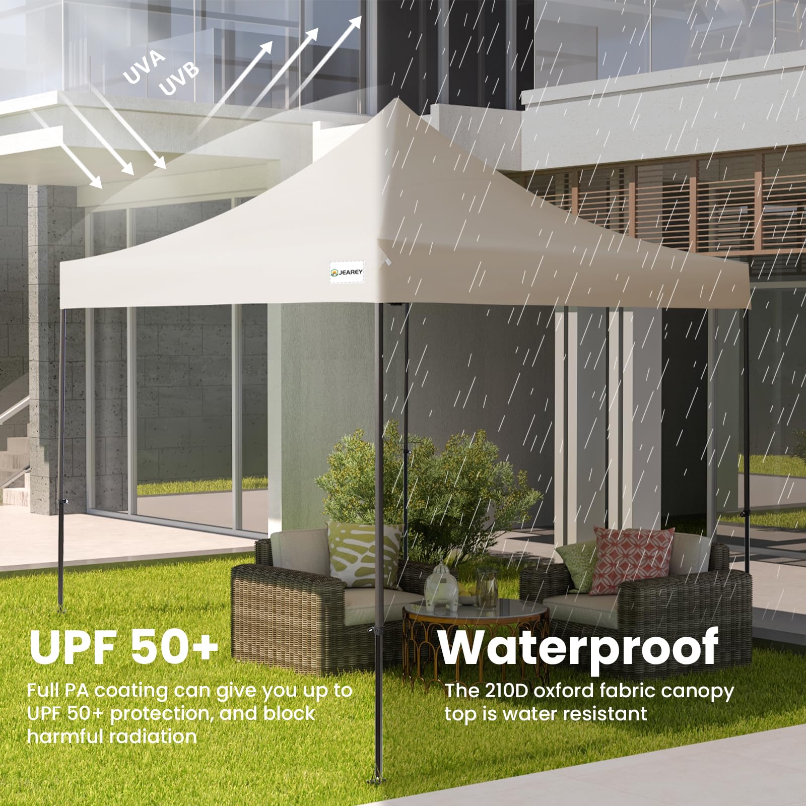 JEAREY Upgraded 10x10 Pop Up Canopy Tent - Heavy Duty Outdoor Canopy with Roller Bag & 4 Sand Bags, Beige - Perfect for Beach, Camping, Picnics, and Outdoor Events