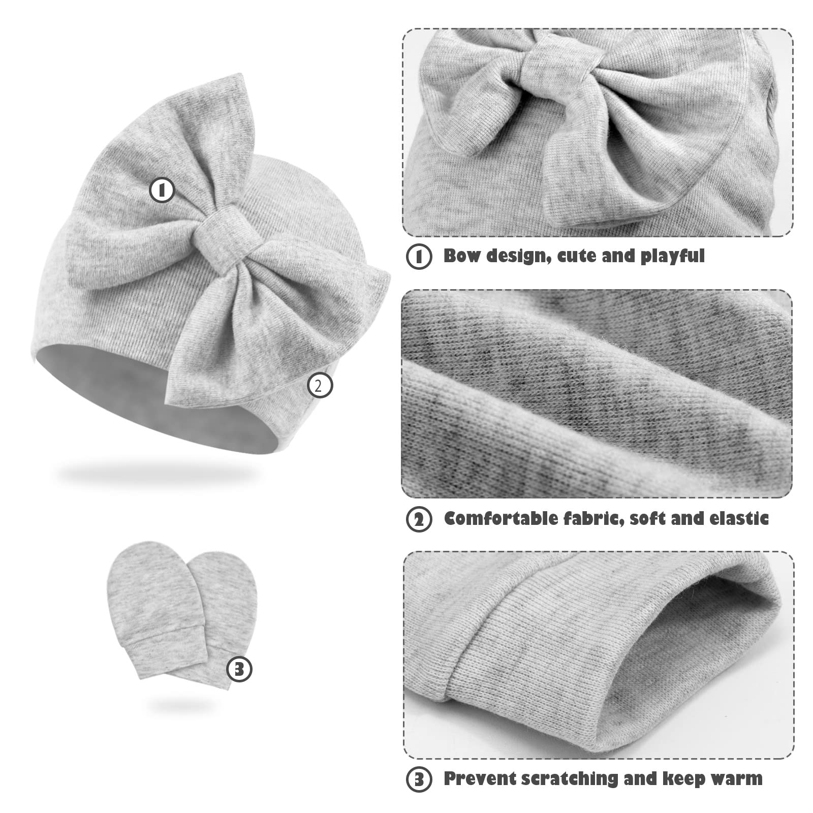 DRESHOW BQUBO Newborn Cotton Receiving Blankets - Soft & Warm Baby Swaddle with Mittens & Bow Hat - Perfect for Hospital, Sleep, and Baby Shower Gifts - Ideal for Newborns 0-6 Months
