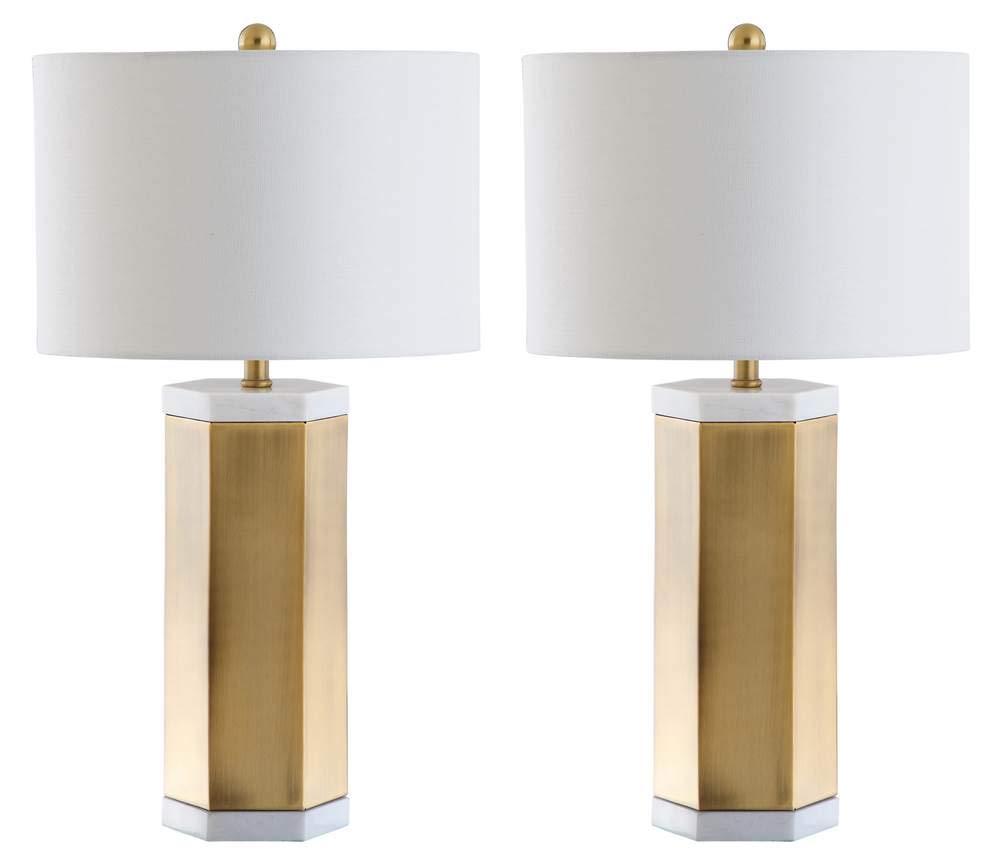 SAFAVIEH Alya 28-inch Table Lamp Set of 2 - White & Brass Gold Finish with LED Bulbs Included - Perfect for Bedroom, Living Room, Home Office & Nightstand Lighting