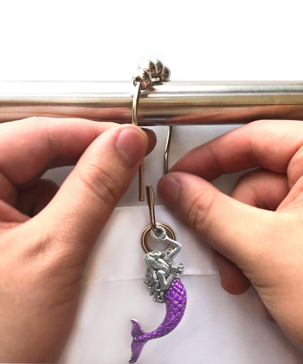 Rust-Proof Silver Metal Sea Mermaid Shower Curtain Hooks & Rings - 12PCS Ocean-Themed Bathroom Decor for Beach Style Showers | Waterproof Durable Shower Accessories for Coastal, Nautical & Mermaid Bathroom Designs