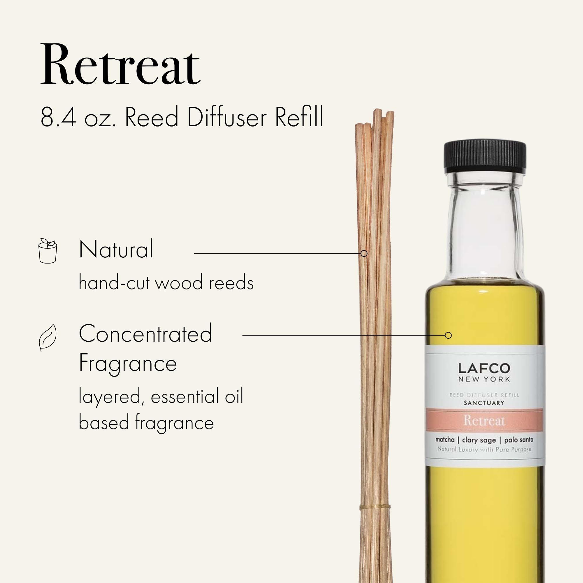 LAFCO New York Reed Diffuser Refill - Retreat Scent - 8.4 oz Long-Lasting Fragrance (Up to 4 Months) - Natural Wood Reeds Included - Dye-Free & Propellant-Free - Made in USA - Perfect for Home, Office & Spa Aromatherapy