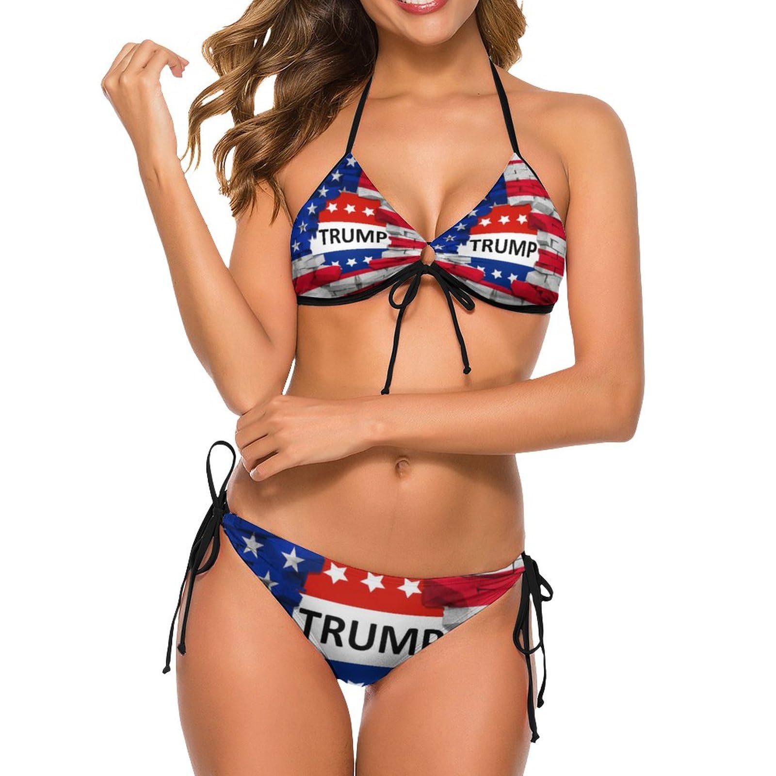 USA Flag Trump Bikini Set - Women's String Swimsuit for Beach & Pool