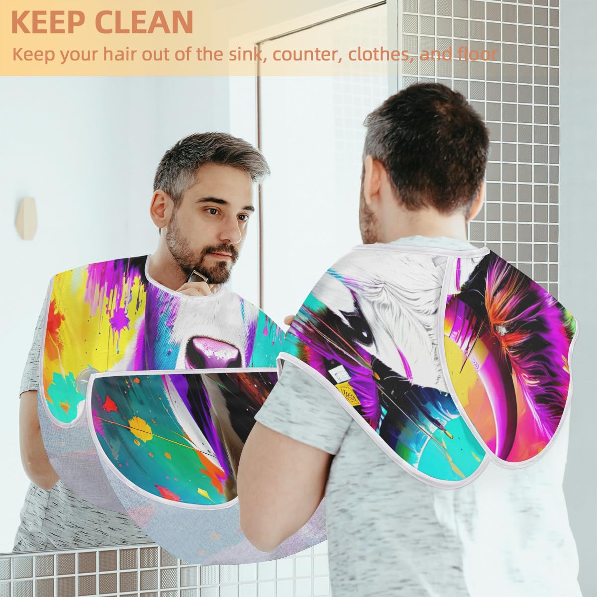 Colorful Cow Print Shaving Bib for Men & Women - Waterproof Beard Trimming Apron, Hair Dye Cape, Barber Accessory - Perfect for Home Grooming, Salon Use & DIY Haircuts
