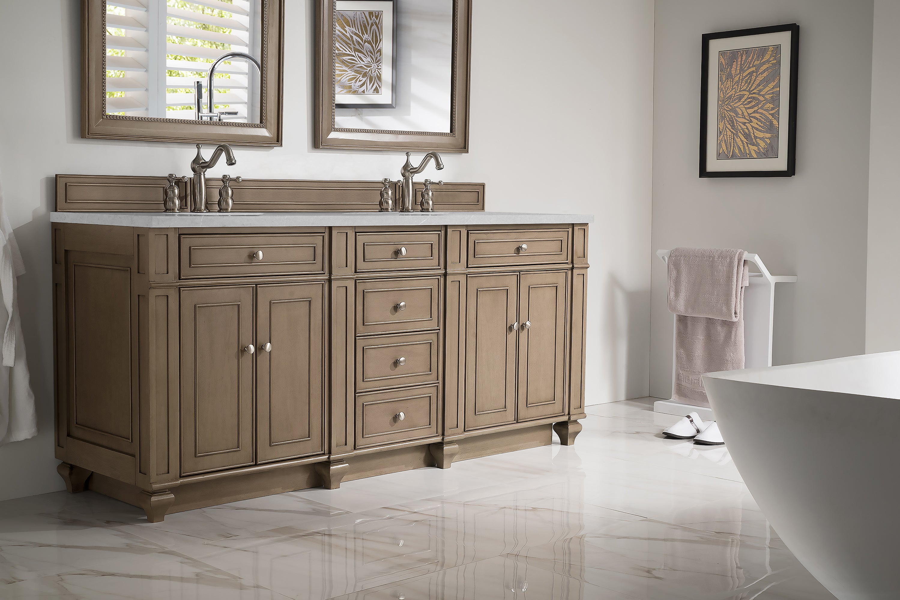 Bristol 72 Inch Double Bathroom Vanity with Whitewashed Walnut Finish and 3CM Eternal Serena Quartz Countertop - Perfect for Master Bathroom Renovation & Modern Home Decor