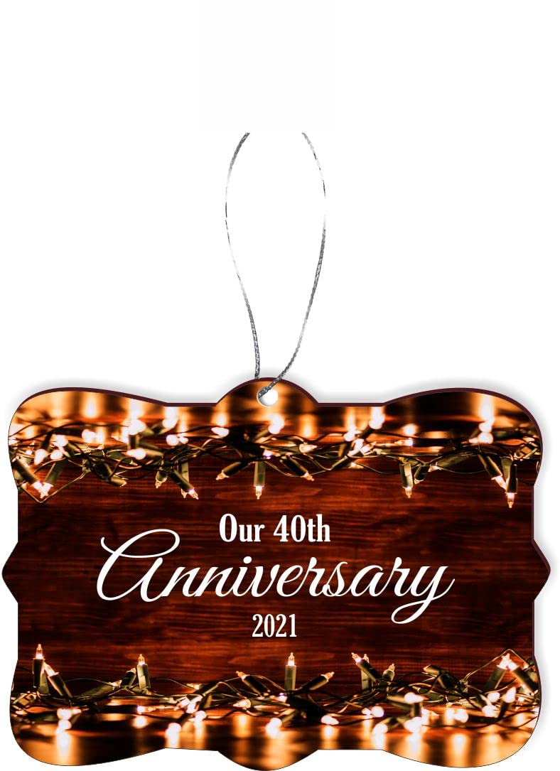 2021 40th Anniversary Fairy Lights Wood Backdrop Rectangle Car Mirror Christmas Tree Ornament with Hanging String - Perfect for Holiday Car Decorations, Christmas Tree Decor & Home Party Backdrops
