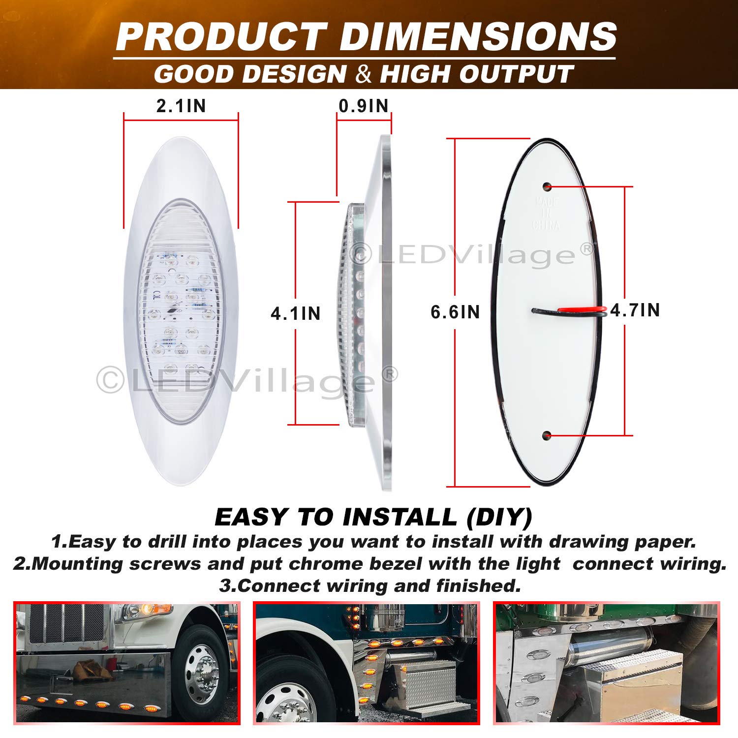 6.5 Inch Clear Lens Amber LED Side Marker Light with Chrome Bezel - 16 LED Clearance Lamp 12V DC for Trailer, Caravan, Pickup & Tow Truck - Durable & Bright Safety Lighting [Pack of 10] - Perfect for Night Driving, Road Visibility & Vehicle Compliance