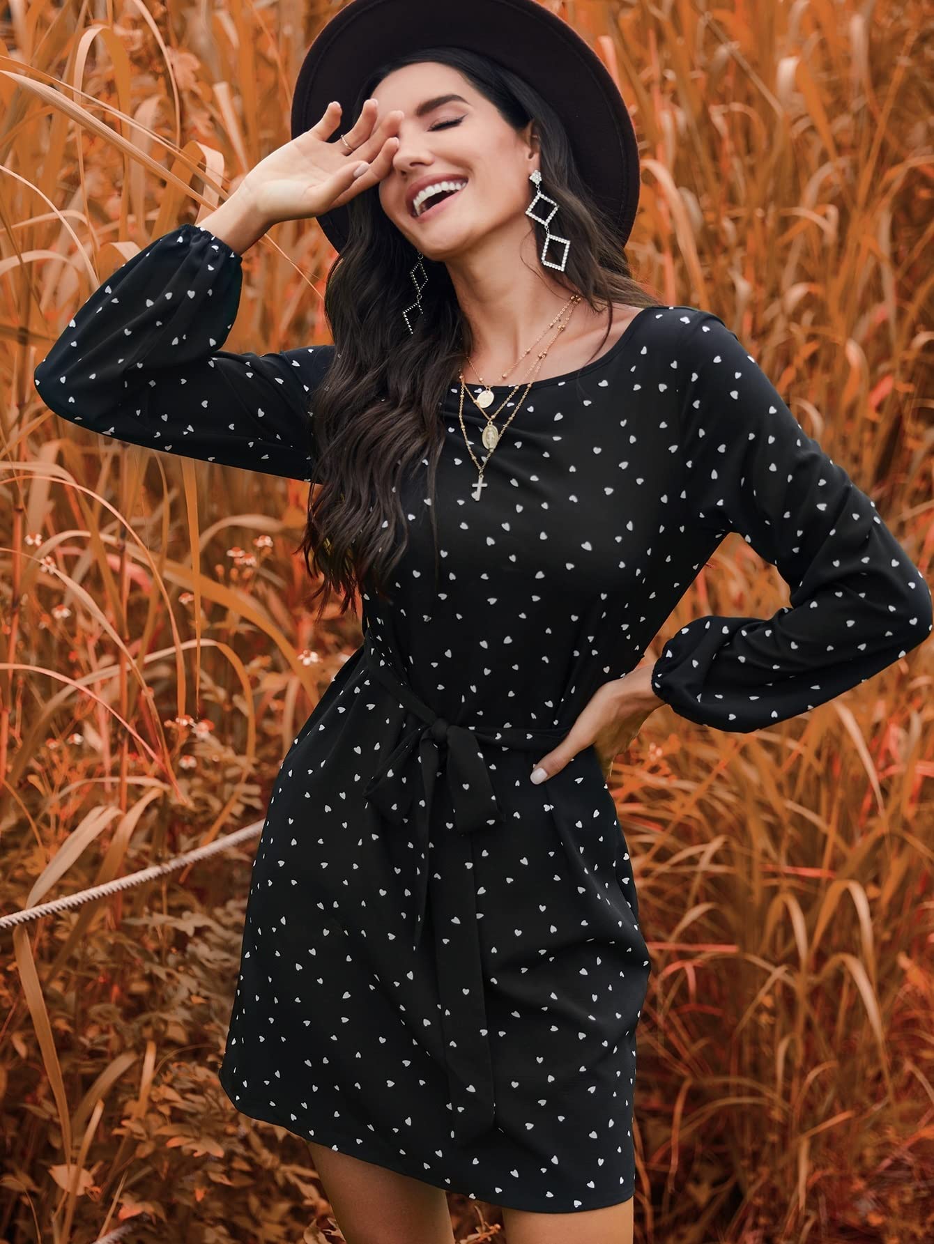 Women's Black Short Summer Dress with Heart Print & Belt - Sexy Casual Party Dress for Night Out, Date Night & Club Wear