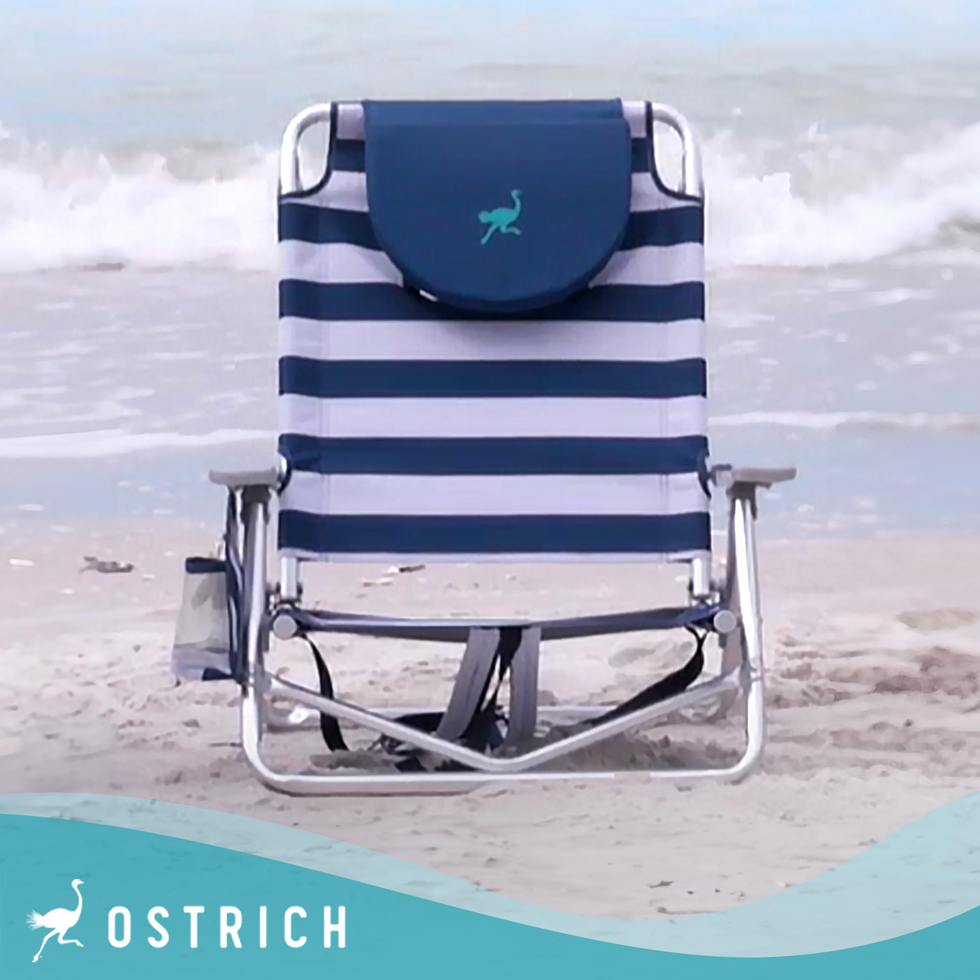 Ostrich On-Your-Back Sand Chair - Portable Beach Recliner with Backpack Straps - Lightweight Outdoor Lounge Chair for Pool, Camping, Backyard & Picnics - Blue Stripe Design - Perfect for Beach Vacations, Tailgating & Outdoor Relaxation