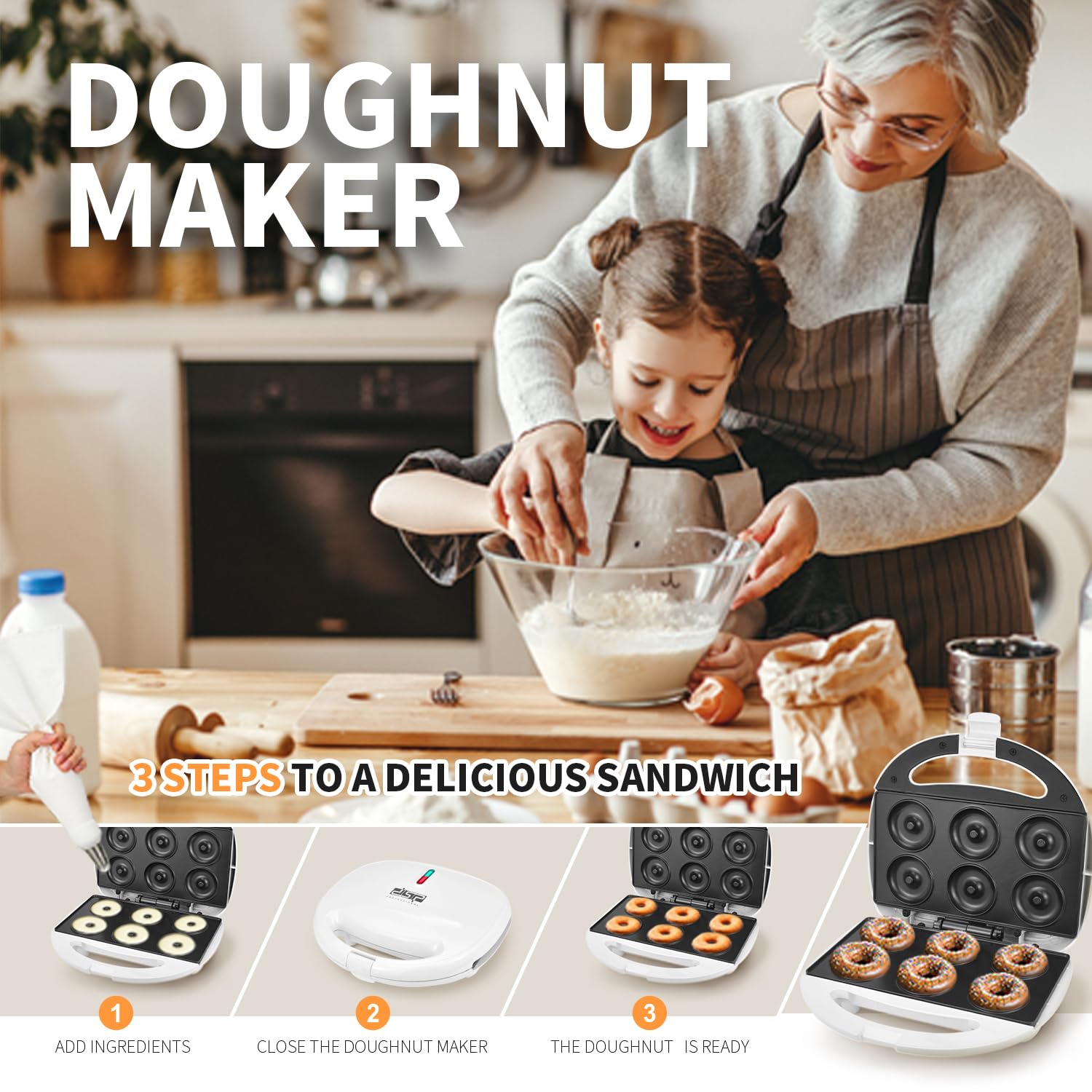 Mini Donut Maker Machine - Non-Stick Electric Doughnut Baker with Cool Touch - Makes 6 Mini Donuts at Once - Perfect for Breakfast, Snacks, Desserts & Party Treats (White) - Great for Home Kitchen, Cafes & Birthday Parties