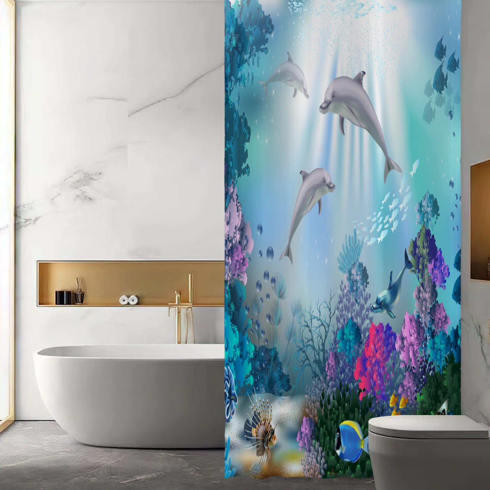 Yeele Dolphin Shower Curtain - Underwater Ocean Wildlife Theme Bathroom Decor, Waterproof Polyester Fabric with 12 Hooks (48x72 inches) - Perfect for Tropical, Beach, or Marine-Themed Bathrooms