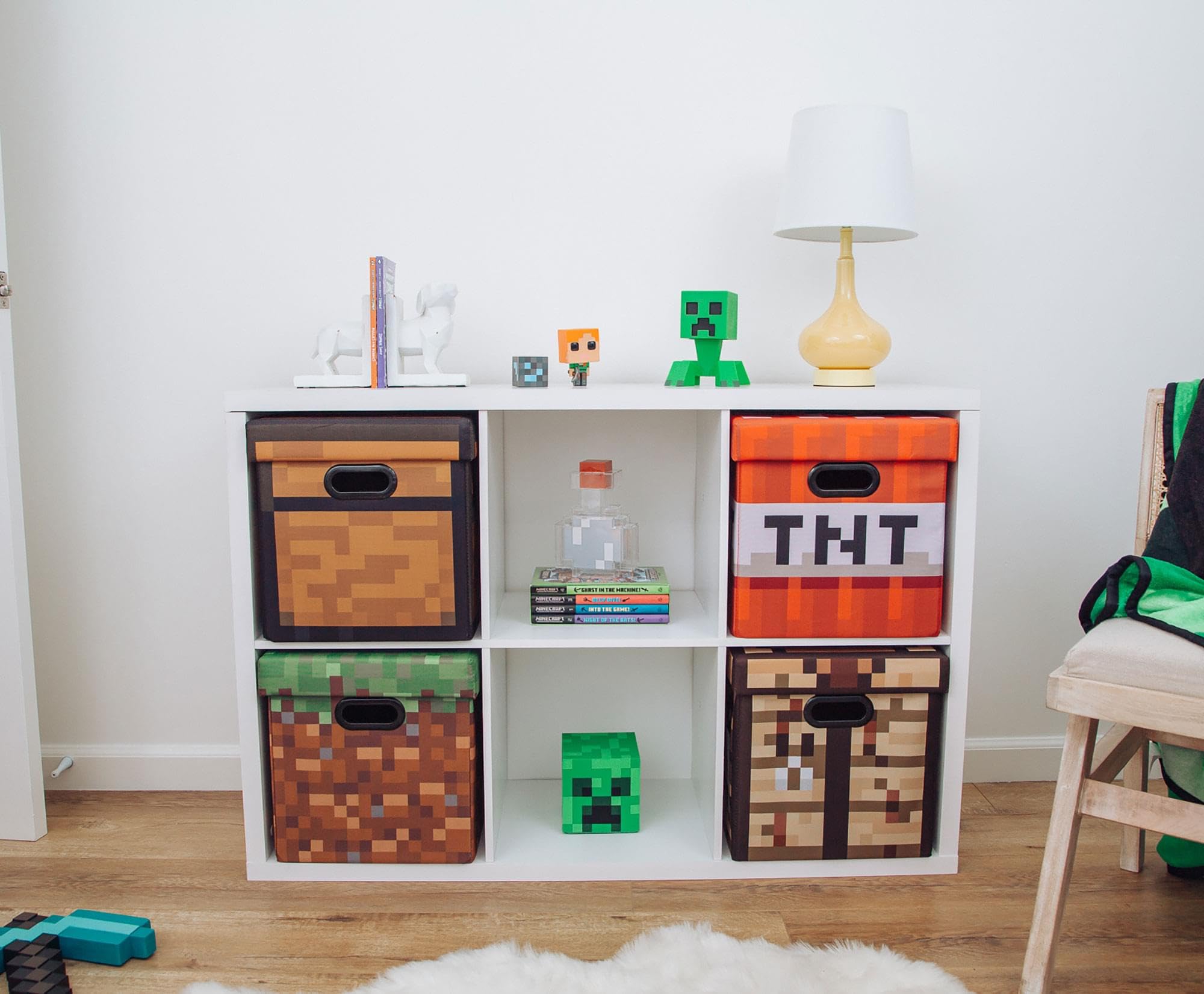 Minecraft Grassy Block 13-Inch Storage Bin with Lid - Foldable Fabric Cube Organizer with Handles for Shelves & Closet | Home Decor & Video Game Gifts for Kids' Rooms, Game Themed Bedroom Storage