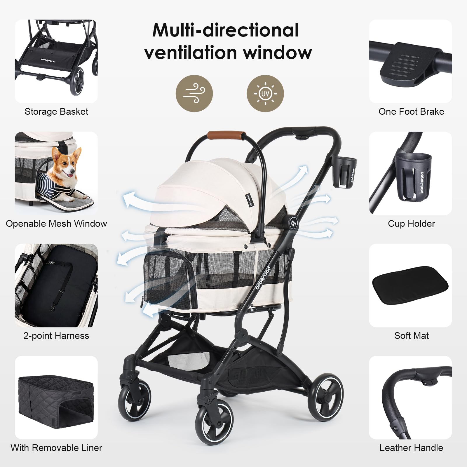 T3 3-in-1 Small Pet Stroller for Dogs & Cats - Lightweight 4-Wheel Travel Carrier with Removable Pad, Canopy & Cup Holder - Beige | Perfect for Vet Visits, Park Walks & Shopping Trips