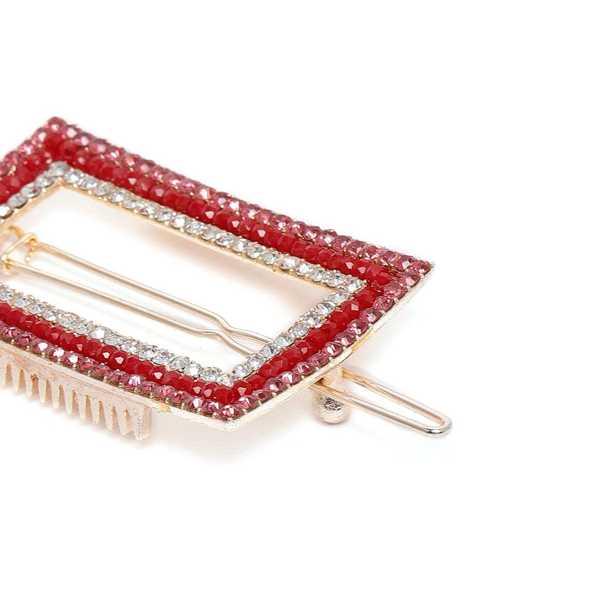 AccessHer Red Gold Stone Studded Embellished French Barrette Hair Clip - Elegant Women's Hair Accessories for Parties, Weddings & Special Occasions