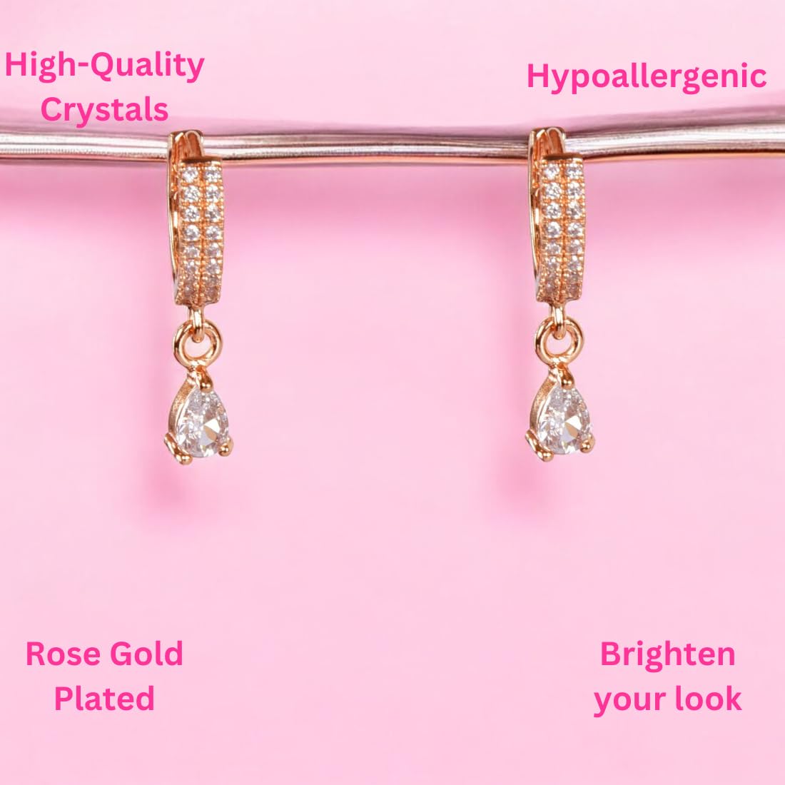 18K Rose Gold Plated Clip-On Hoop Earrings for Women | Stylish Zircon Drop Design Earrings | Fashion Jewelry Gift for Girls & Women | Perfect for Parties, Weddings & Daily Wear