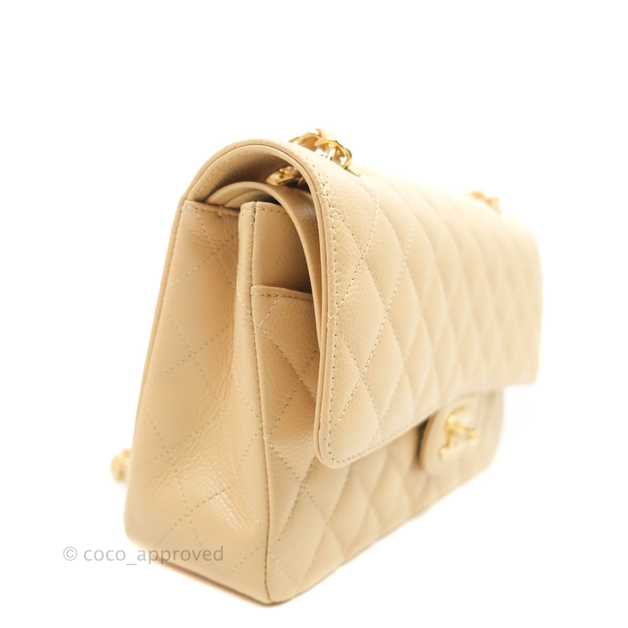 Chanel Classic Medium Double Flap Bag in Beige Caviar Leather with Gold Hardware - Luxury Designer Handbag for Women, Perfect for Work, Evening Events & Special Occasions