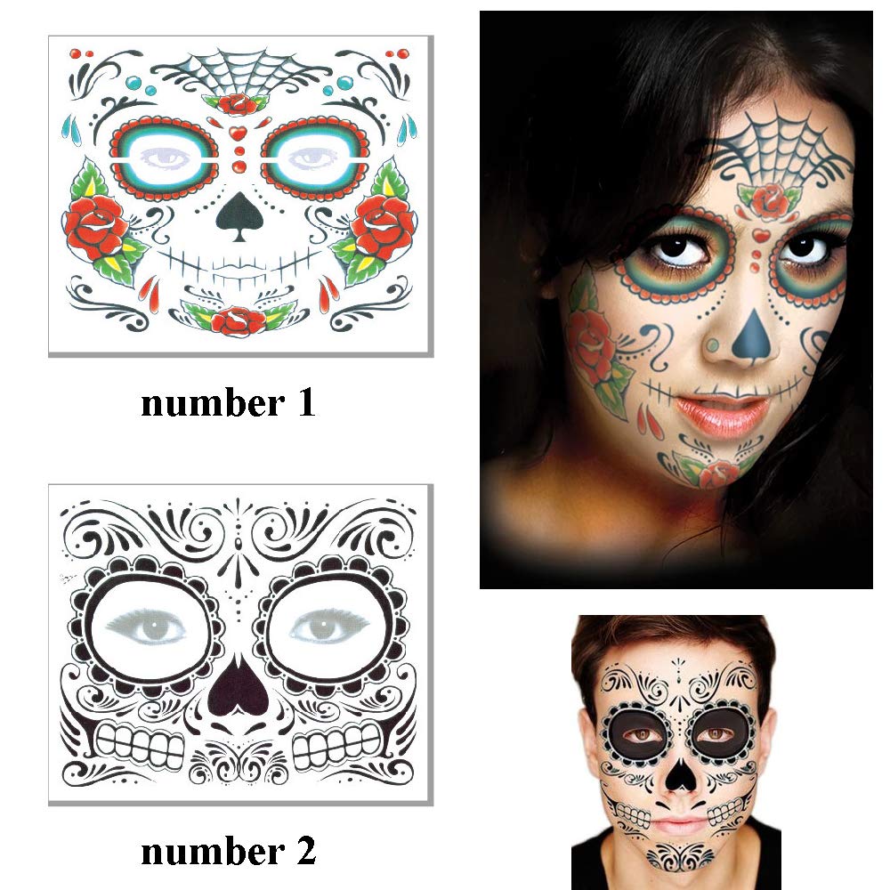8 Pack Day of the Dead Temporary Tattoos - Sugar Skull Face Tattoos with Floral, Glitter Roses & Skeleton Designs for Halloween, Masquerade Parties & Dia de los Muertos Celebrations - Perfect for Costumes, Face Painting & Festival Decorations
