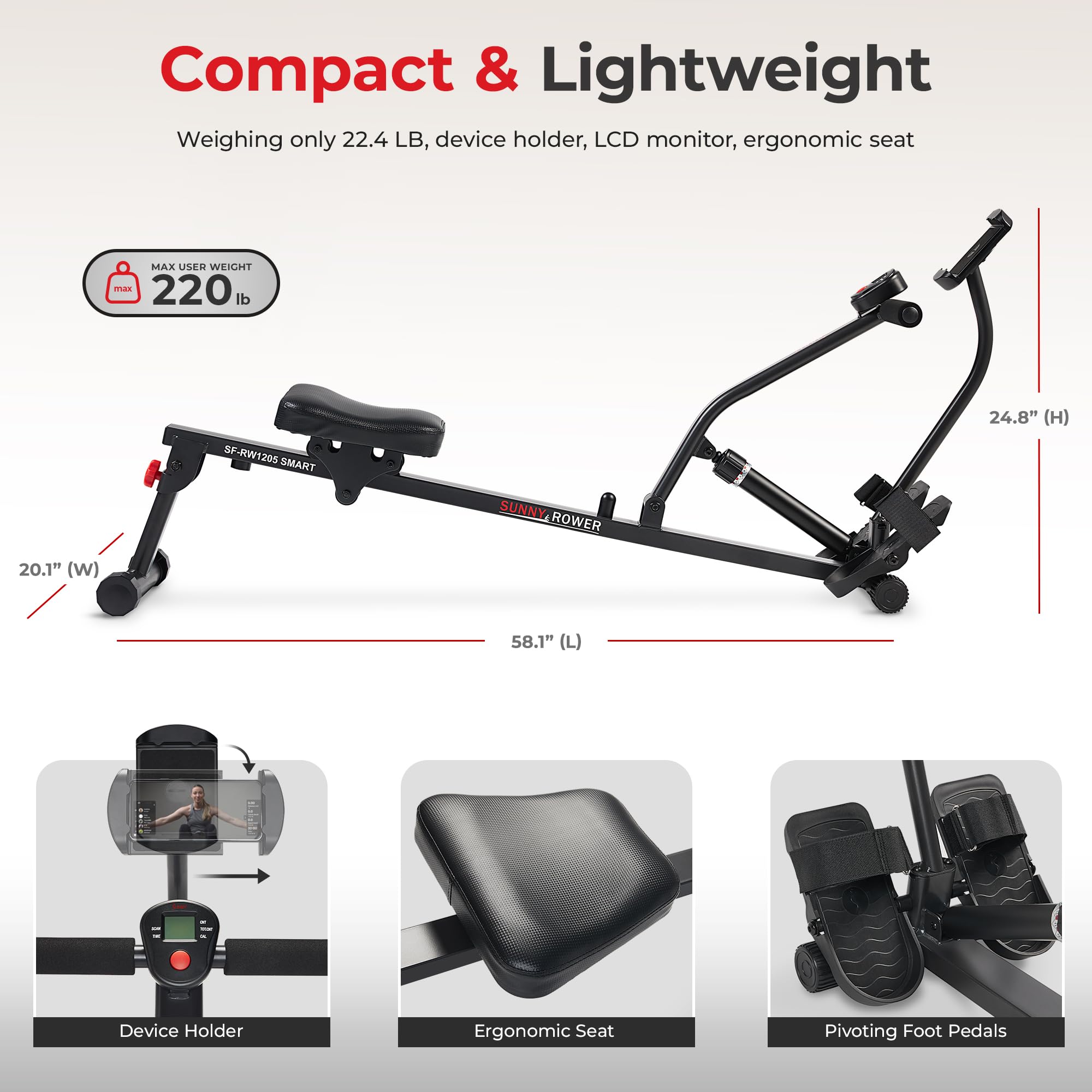 Sunny Health & Fitness Adjustable Rowing Machine - 12 Resistance Levels for Full Body Workout, Compatible with SunnyFit App | Home Gym Equipment for Cardio & Strength Training | Perfect for Small Spaces & Apartment Workouts