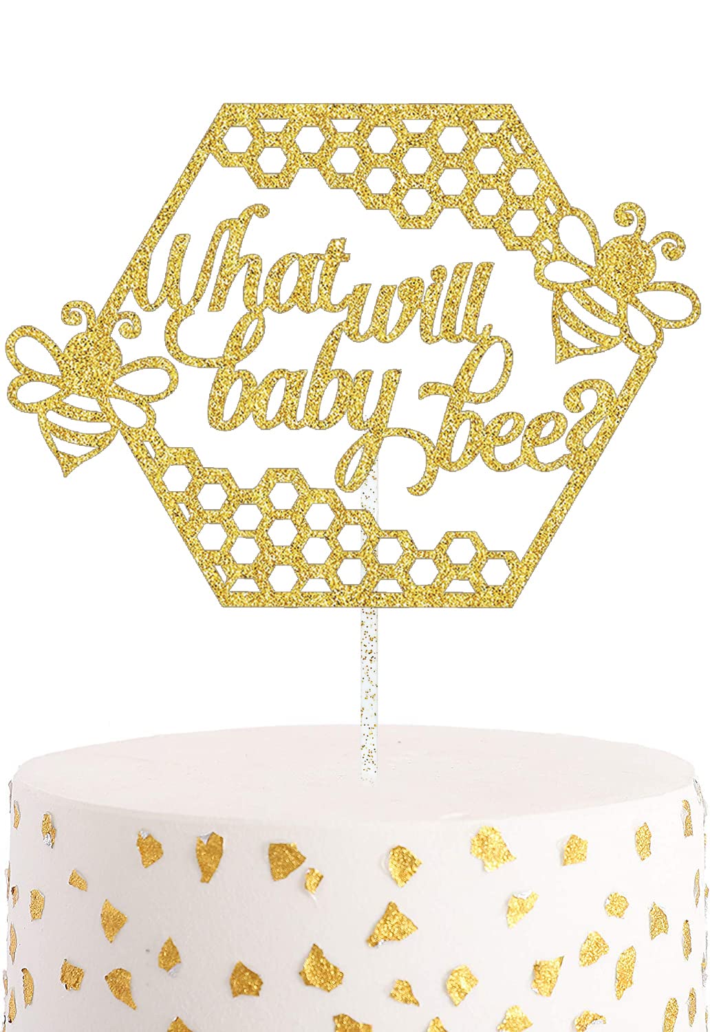 Golden Glitter Bee Cake Topper with Flash Stick - Baby Shower, Gender Reveal & 1st Birthday Party Decor - Perfect for Cake Decoration, Photo Booth Props & Baby Celebration Favors | Adorable Bee-Themed Party Supplies for Baby Showers, Birthdays & Special Moments