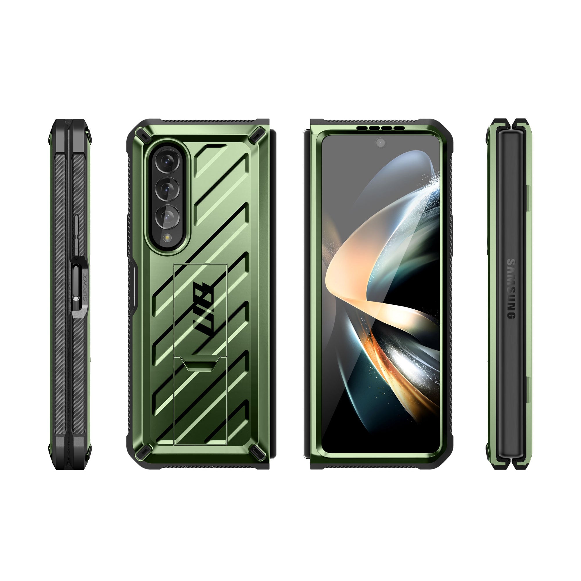 Samsung Galaxy Z Fold 4 Case with Built-in Kickstand & Screen Protector - Dark Green Protective Cover for Work, Travel & Daily Use