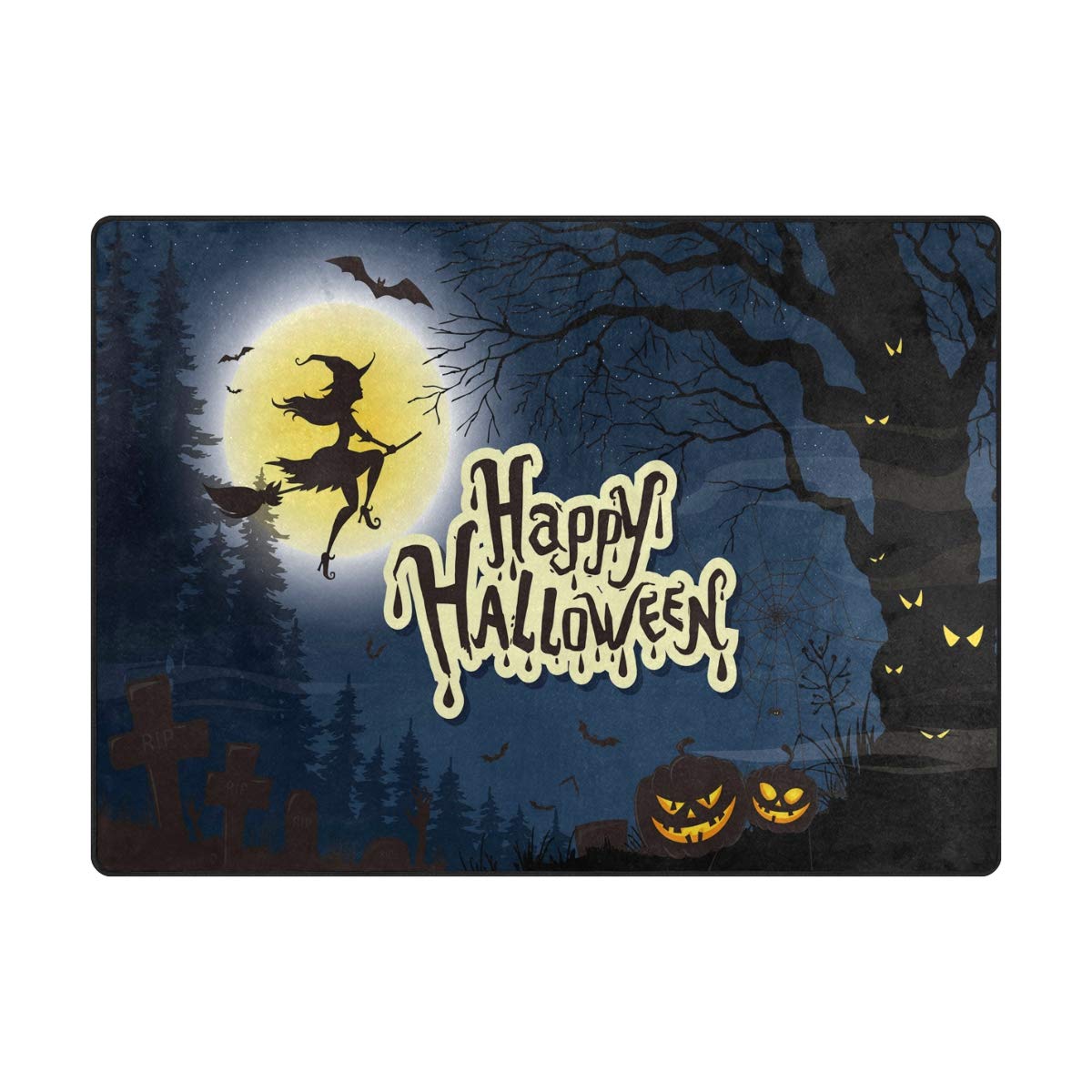 ALAZA Happy Halloween Pumpkin Witch Bat Moon Night Area Rug - 7' x 5' Non-Slip Halloween Decor Rug for Living Room, Bedroom, Dorm - Perfect for Fall Decor, Spooky Party & Seasonal Home Decor