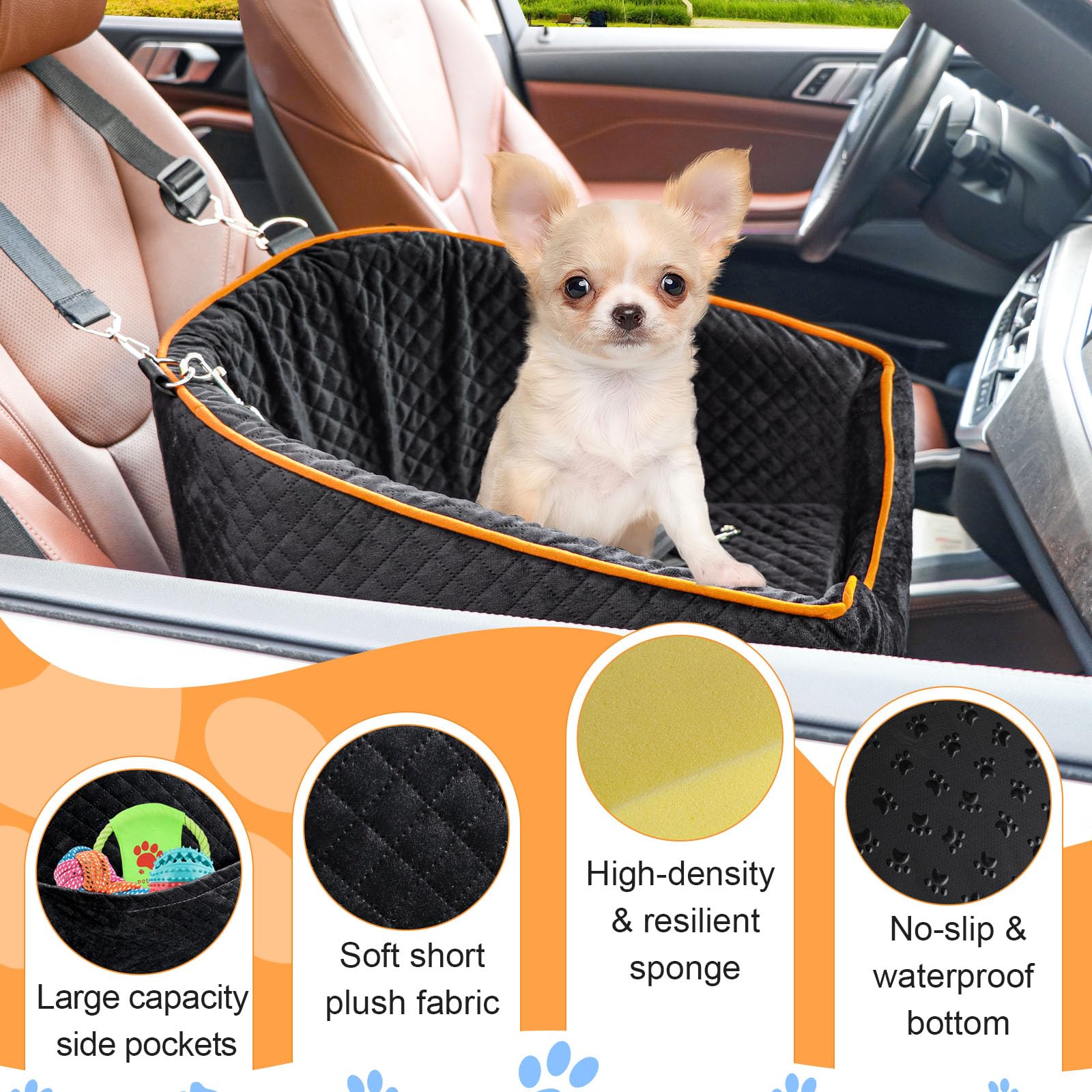 Premium Memory Foam Dog Car Seat for Small Dogs up to 35 lbs - Washable & Removable Cover with Storage Pockets - Safe Elevated Pet Booster Seat for Cars (Black) - Perfect for Road Trips, Vet Visits & Daily Commutes