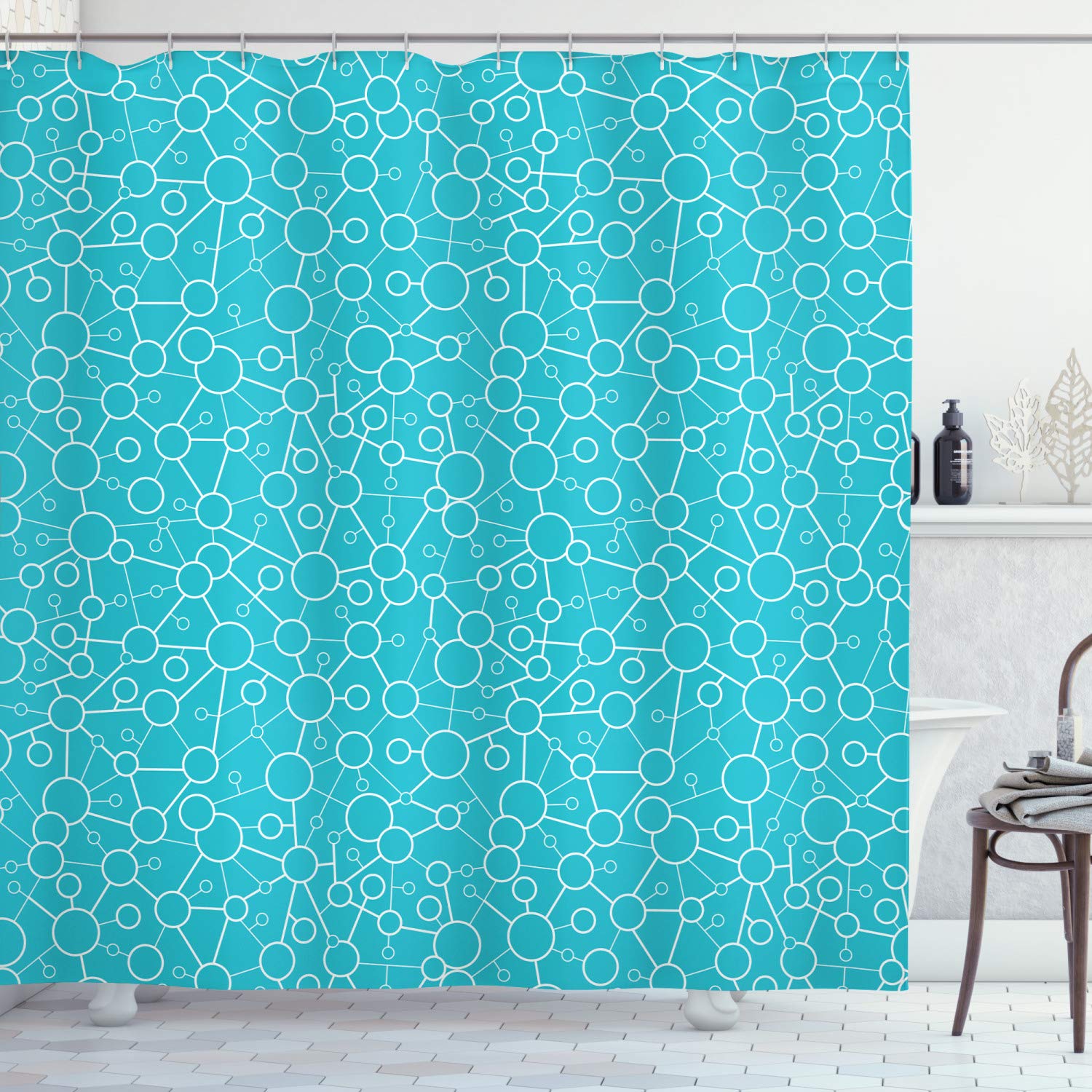 Ambesonne Biology Shower Curtain - Abstract Microscopic Molecular Atom Structure Design, 69x75 Inch Waterproof Fabric Bathroom Decor with Hooks, Turquoise & White | Perfect for Science Lovers & Modern Bathrooms