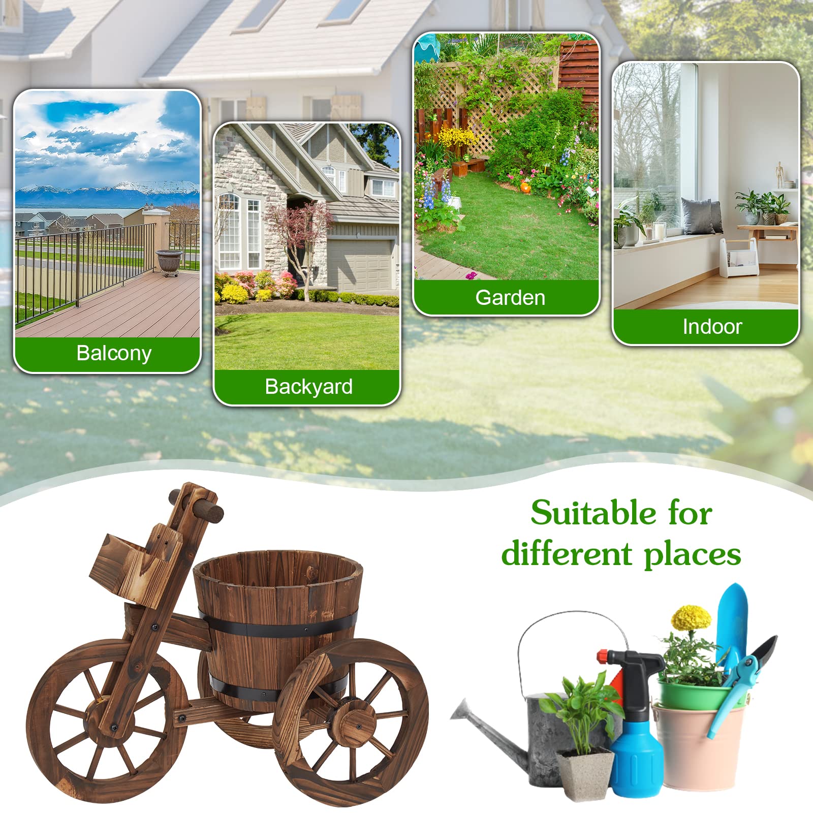 KINTNESS Decorative Wooden Garden Planter Wagon Cart with Wheels - Raised Flower Bed Planter Stand for Backyard, Patio, Lawn | Perfect for Outdoor Decor, Herb Gardening & Small Space Landscaping