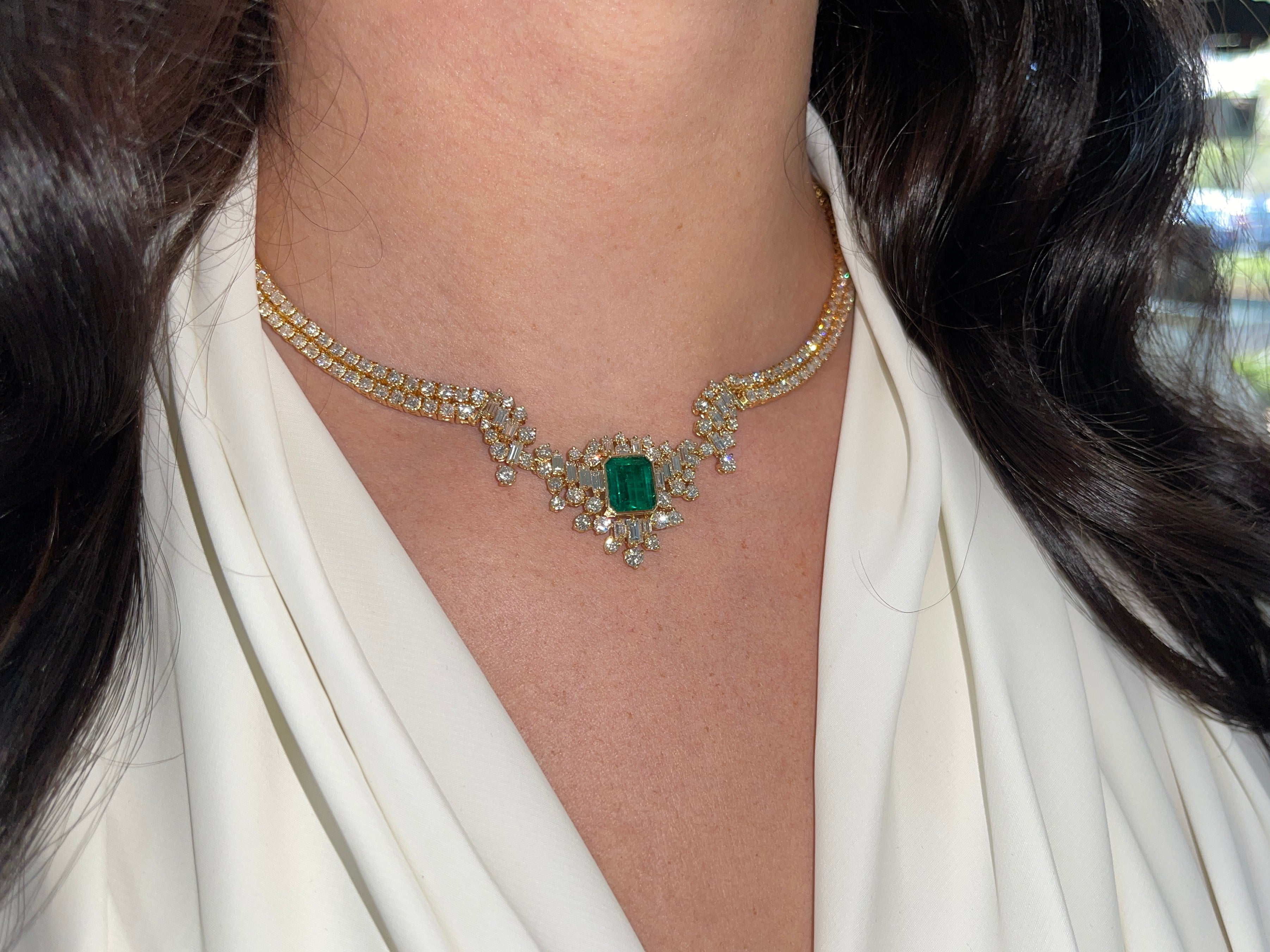 23.06tcw AAA+ Investment Grade Emerald & Diamond Statement Necklace in 18K Gold - Luxury Jewelry for Weddings, Galas & Special Occasions