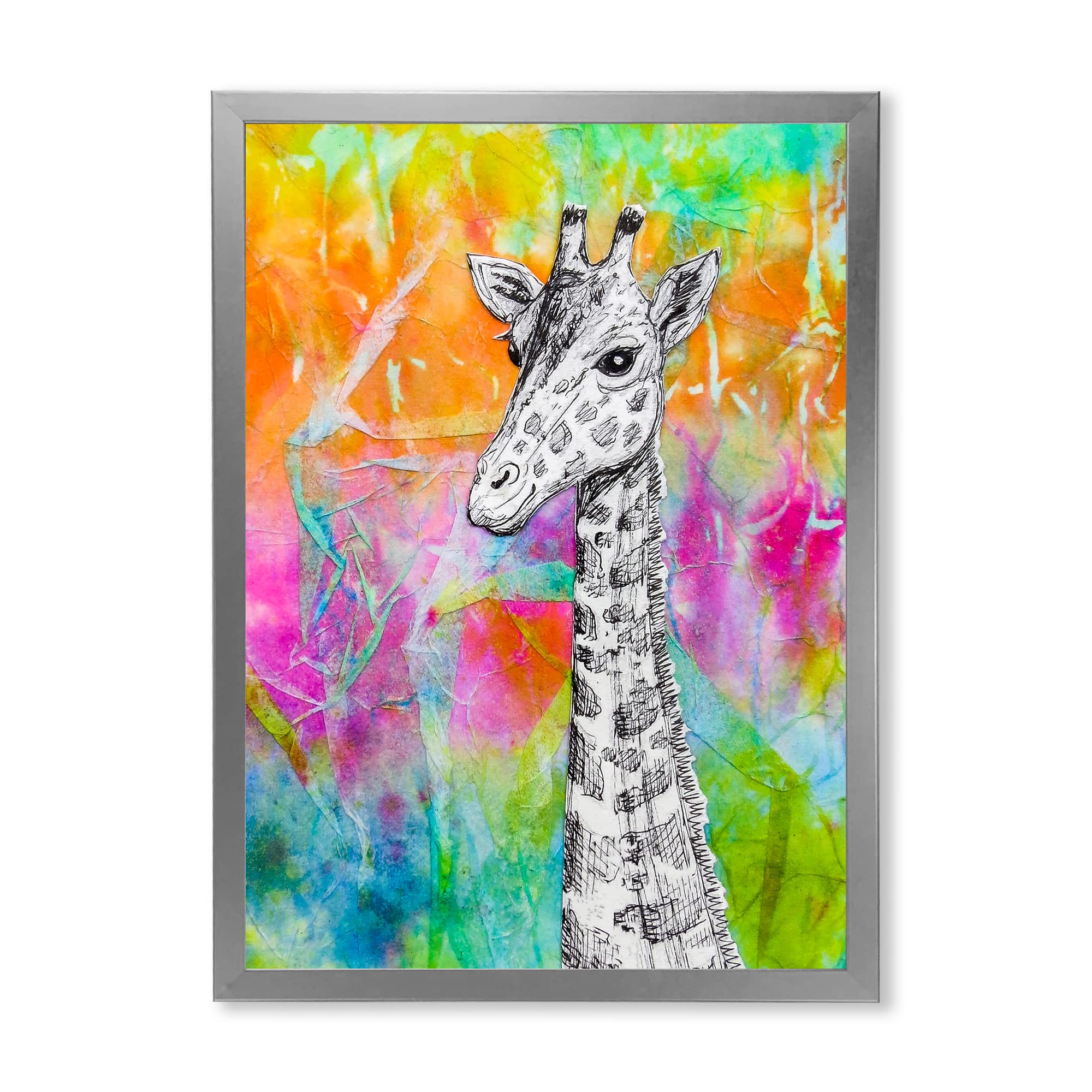 DesignQ White Giraffe Drawing on Rainbow - Kids Room Wall Art Decor, Framed Nursery Painting for Baby & Children's Bedroom - Perfect for Playrooms, Daycares & Preschool Classrooms