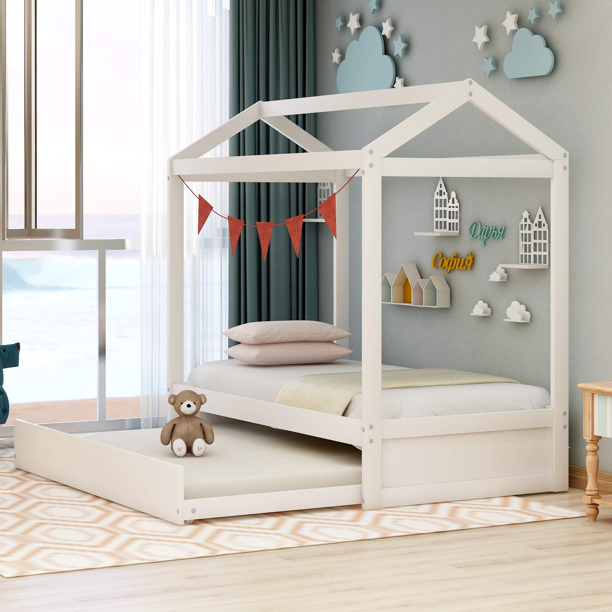 Twin Size Wooden House Bed with Trundle - Kids Daybed Frame for Toddlers, Teens, Boys & Girls - White Children's Bedroom Furniture for Playrooms, Guest Rooms & Cozy Sleep Spaces