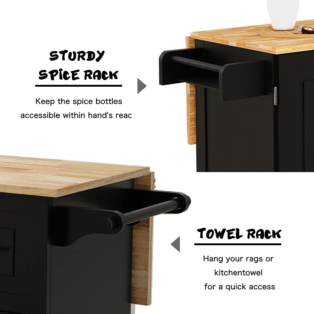 Expandable Kitchen Island with Drop-Leaf & Wheels - Solid Wood Folding Table Top, Large Storage Cabinets, 3 Drawers, Spice Rack & Towel Rack - Black | Perfect for Small Kitchens, Dining Areas & Extra Counter Space