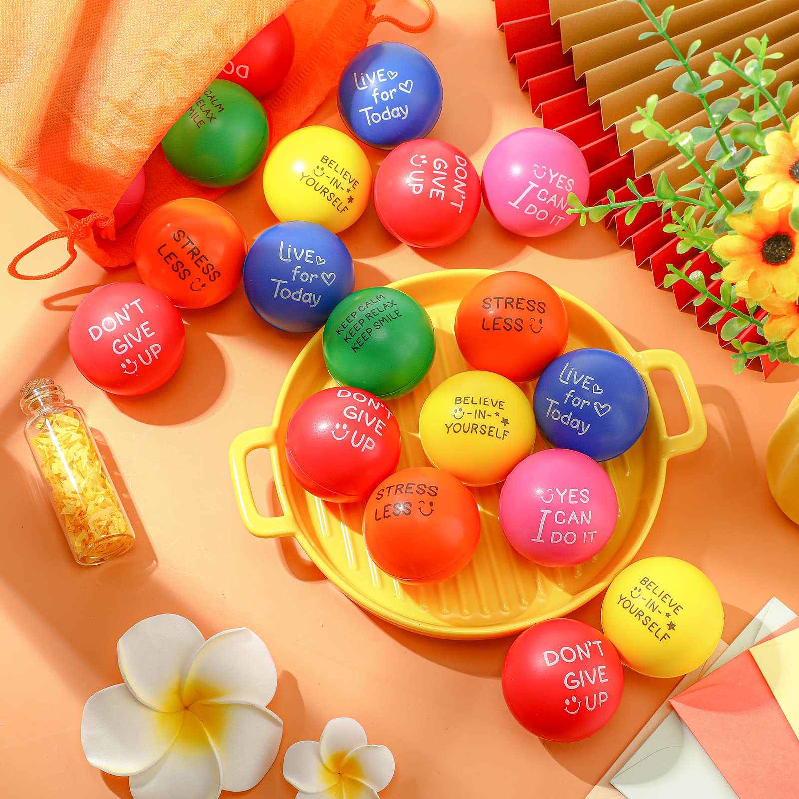 60 Pack Motivational Stress Relief Balls - 1.97 Inch Inspirational Hand Exercise Squeeze Balls for Adults & Teens - Colorful Foam Anxiety Relief Toys with Uplifting Quotes (Multi-Colored) - Perfect for Office, Classroom, Therapy & Home Relaxation