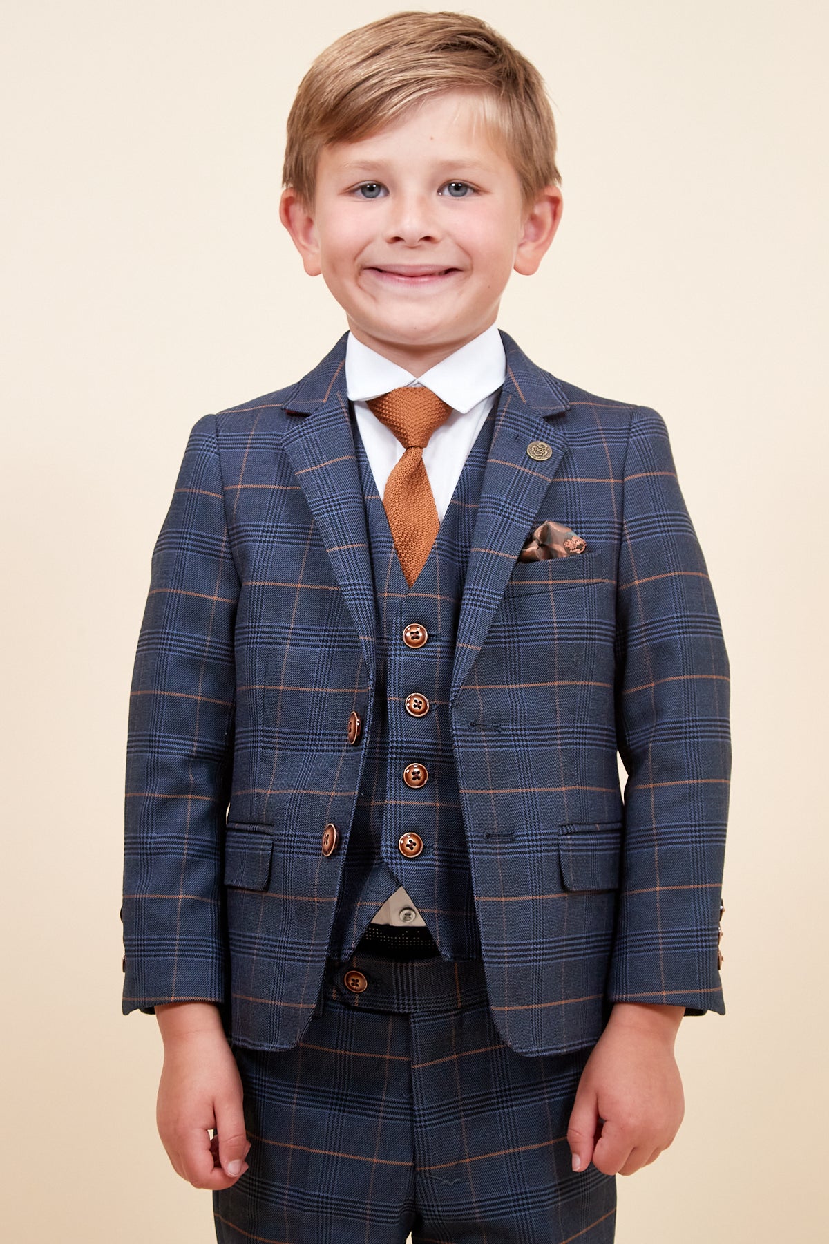 JENSON Boys' Navy Blue Checkered Suit Set - Stylish Formal Wear for Kids' Parties, School Events & Family Photos